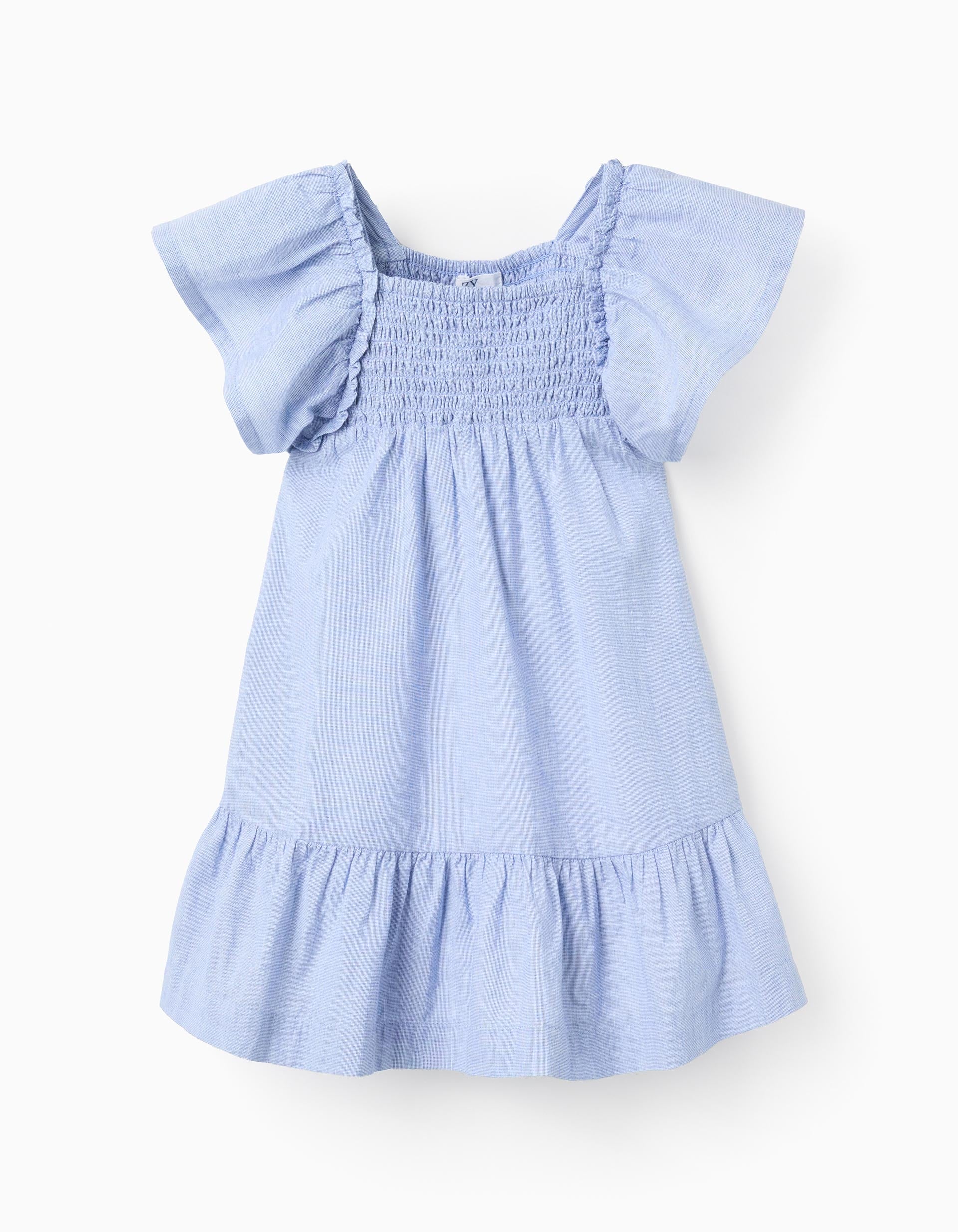 Cotton Fil a Fil Dress with Ruffles for Baby Girls 'B&S', Blue