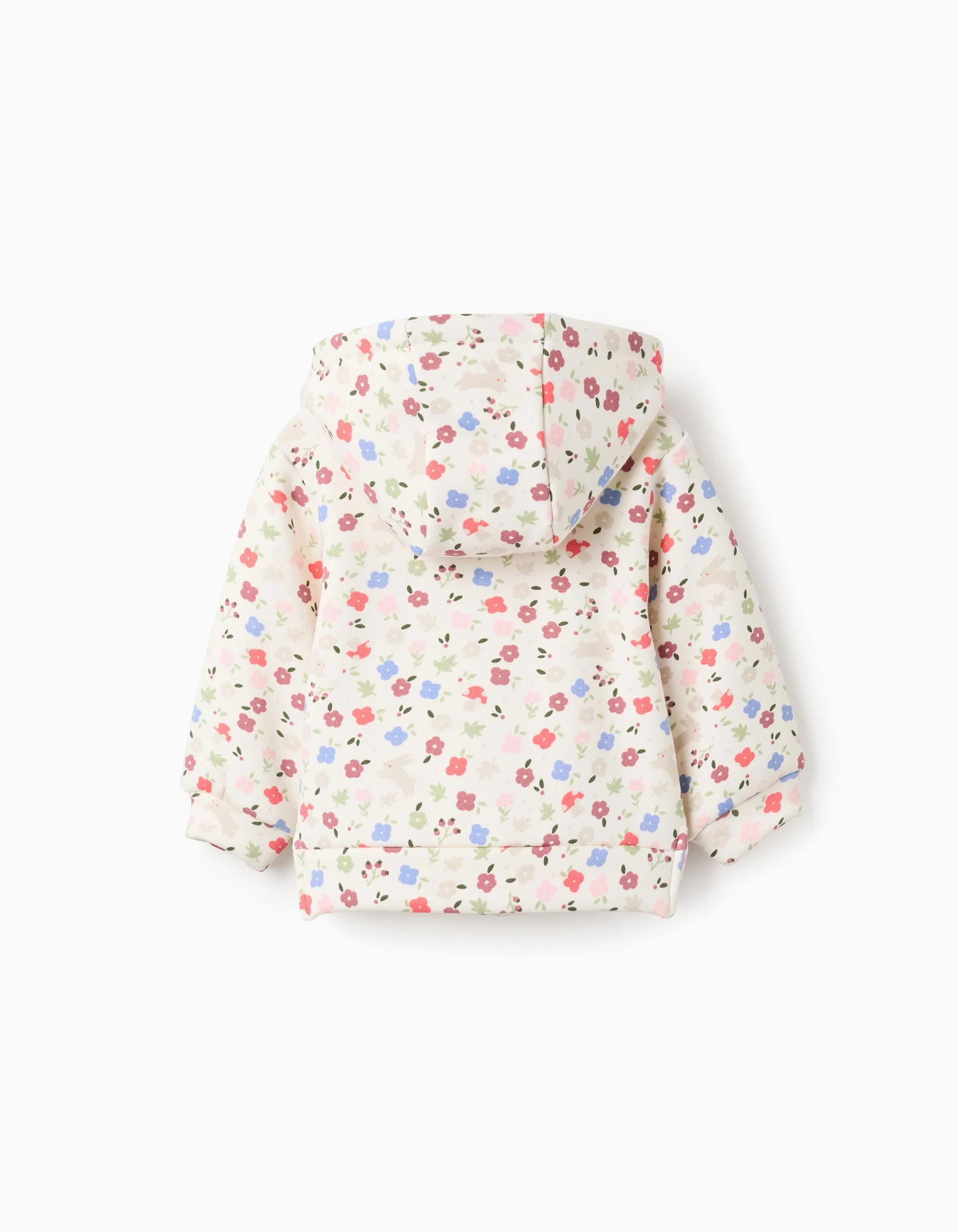 Brushed hooded jacket with floral motif for baby girls, white