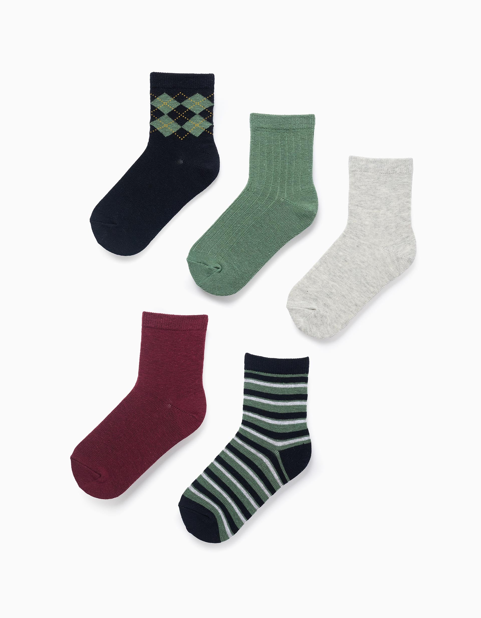 Pack of 5 Pairs of Plain/Striped Socks for Boys, Multicolour