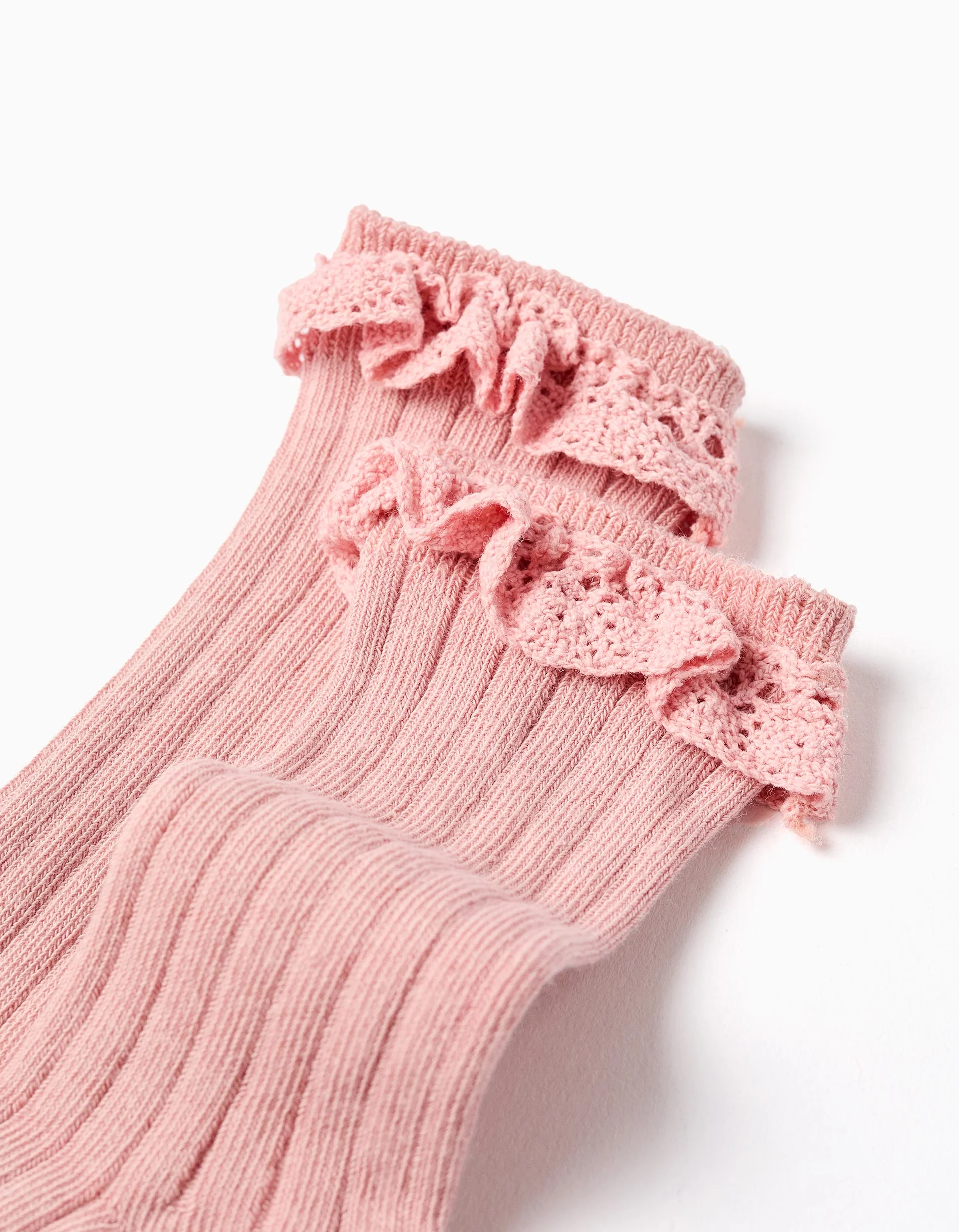 High socks with crochet ruffles for baby girls, light pink