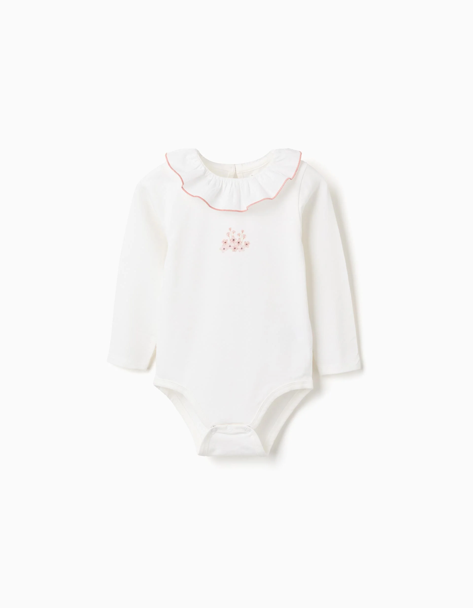Long sleeve bodysuit with print and ruffled collar for baby girls, white