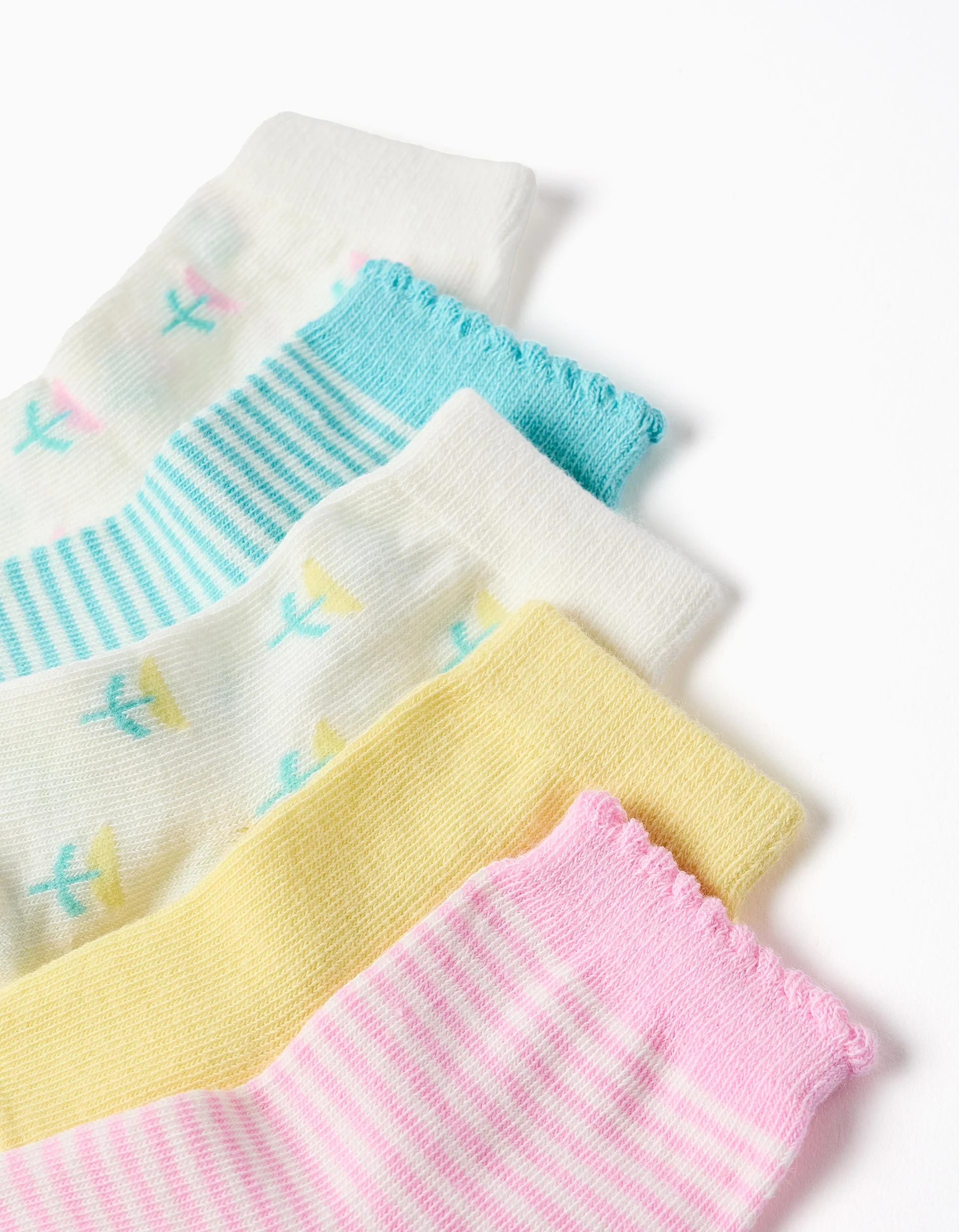 Pack of 5 plain/striped/embroidered socks for baby girls, multicolour