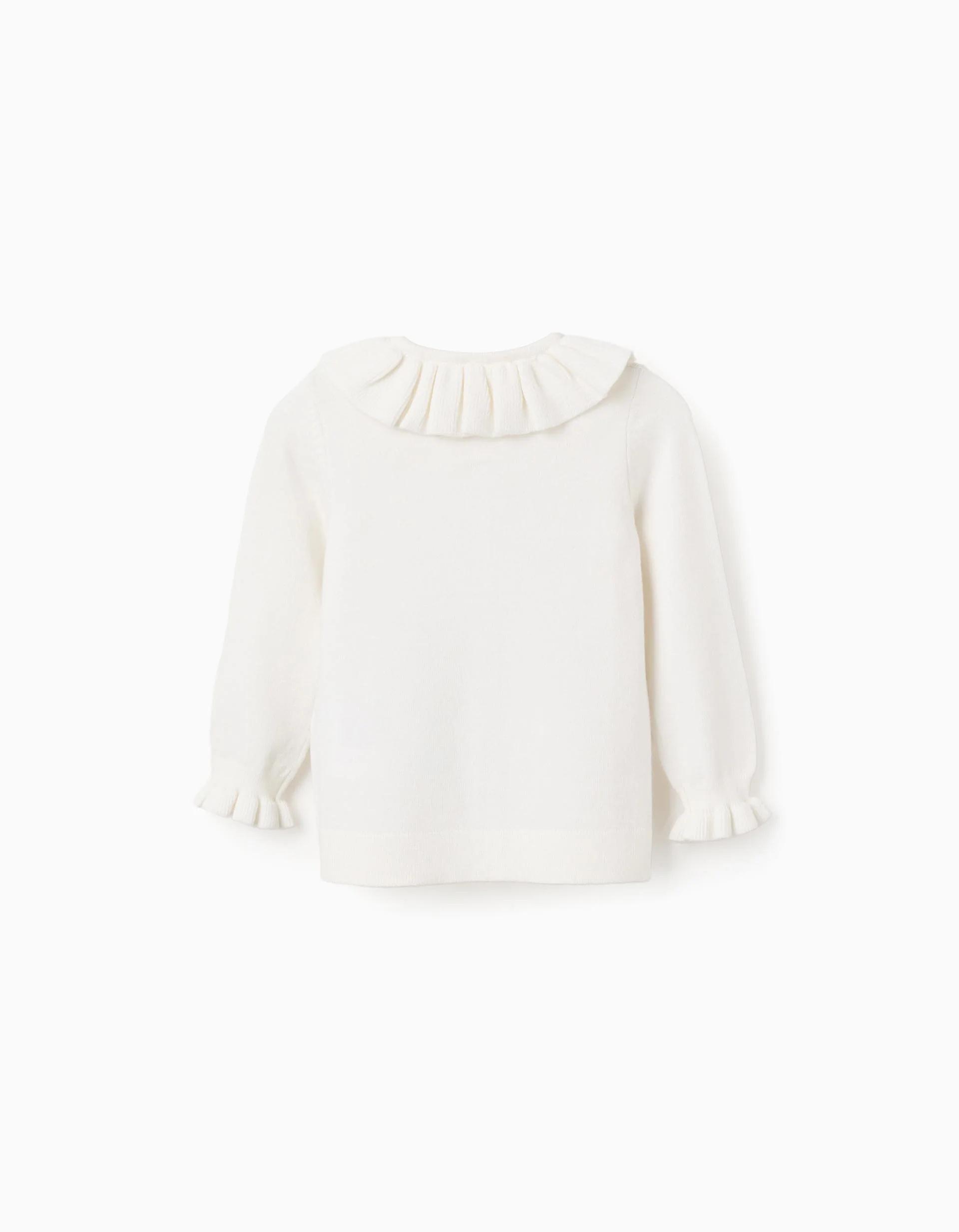 Knitted cardigan with ruffled collar and cuffs for baby girls, white
