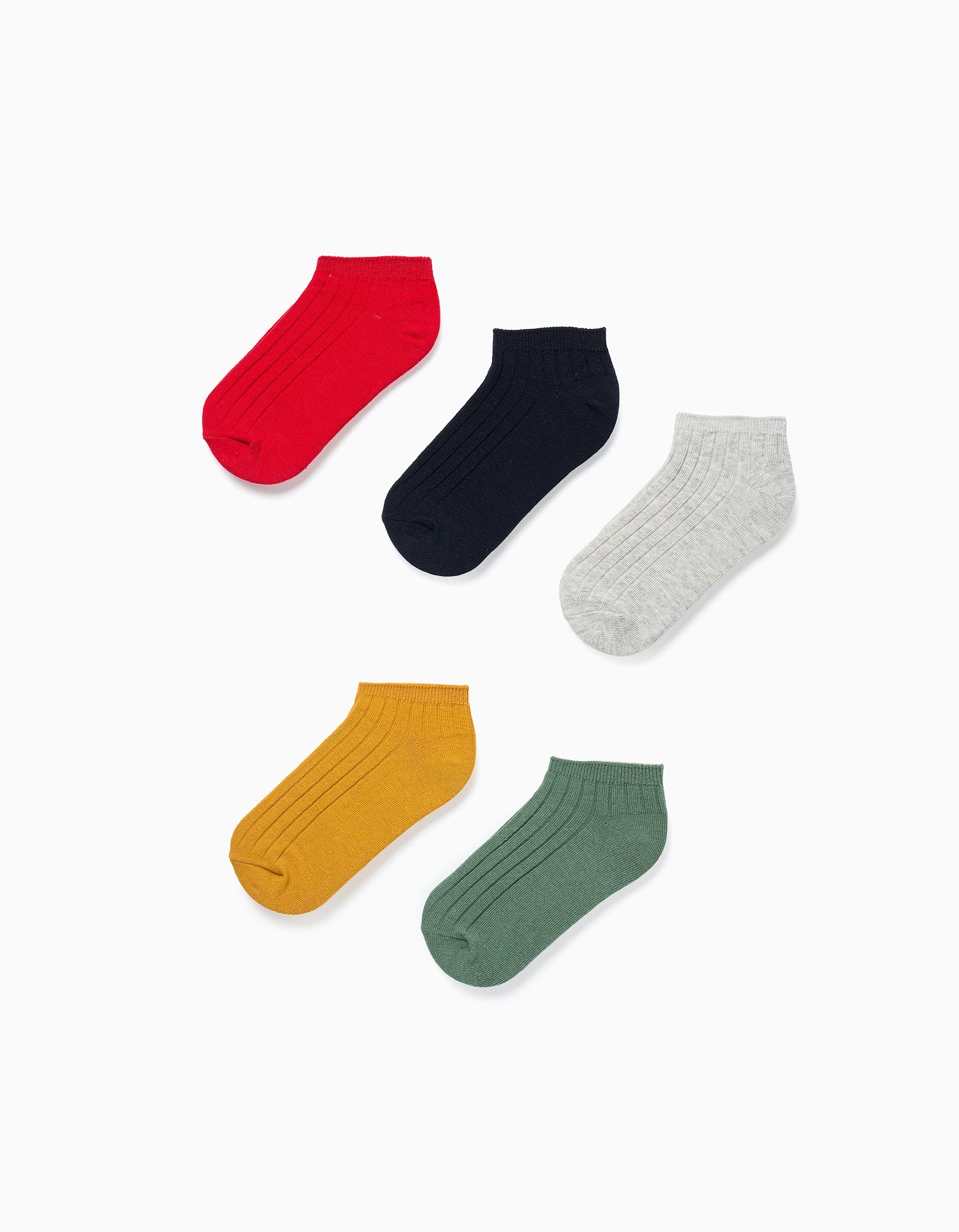 Pack 5 Pairs of Plain Ribbed Ankle Socks for Boys, Multicolour