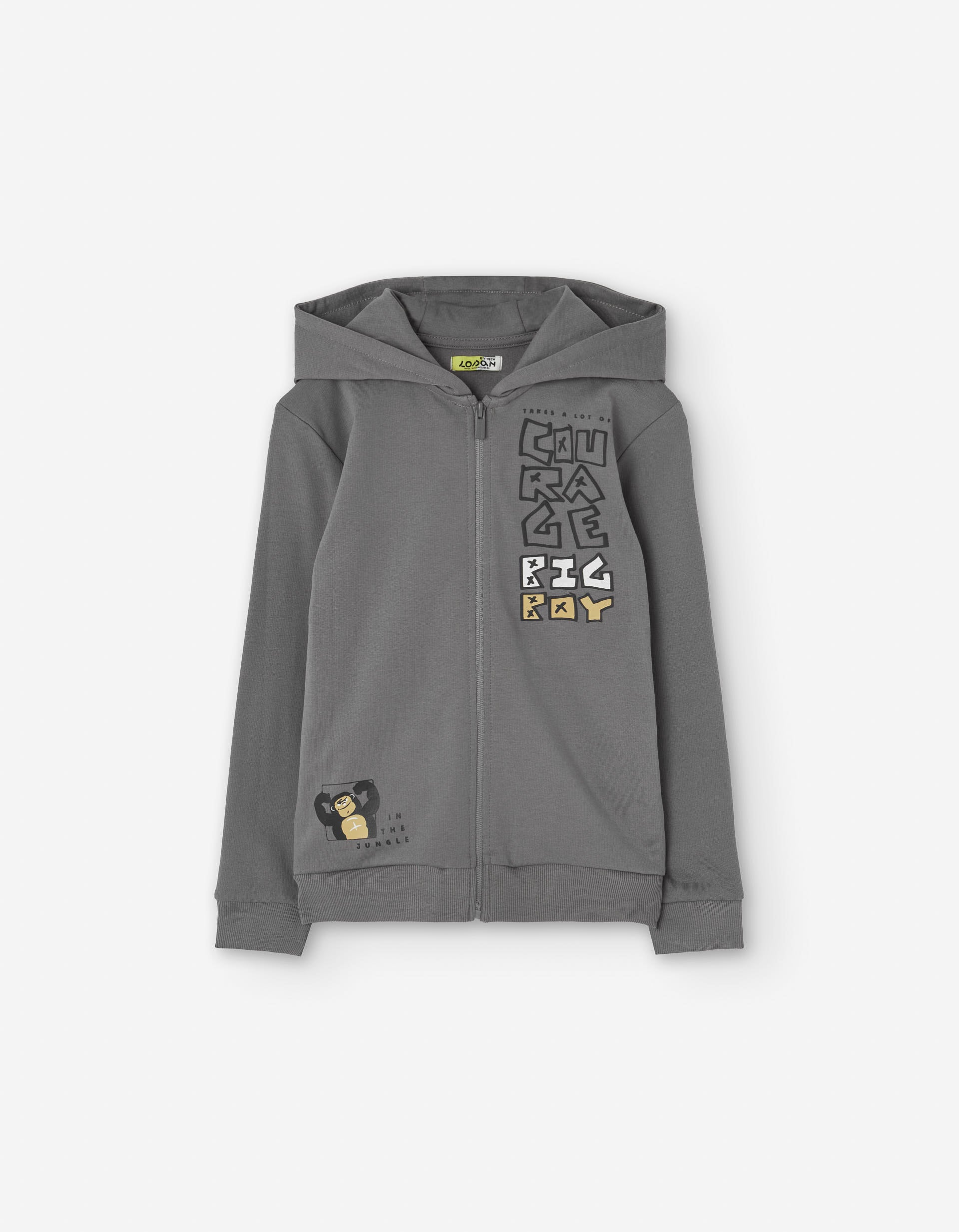 Brushed cotton hooded jacket with Courage print for boys, grey