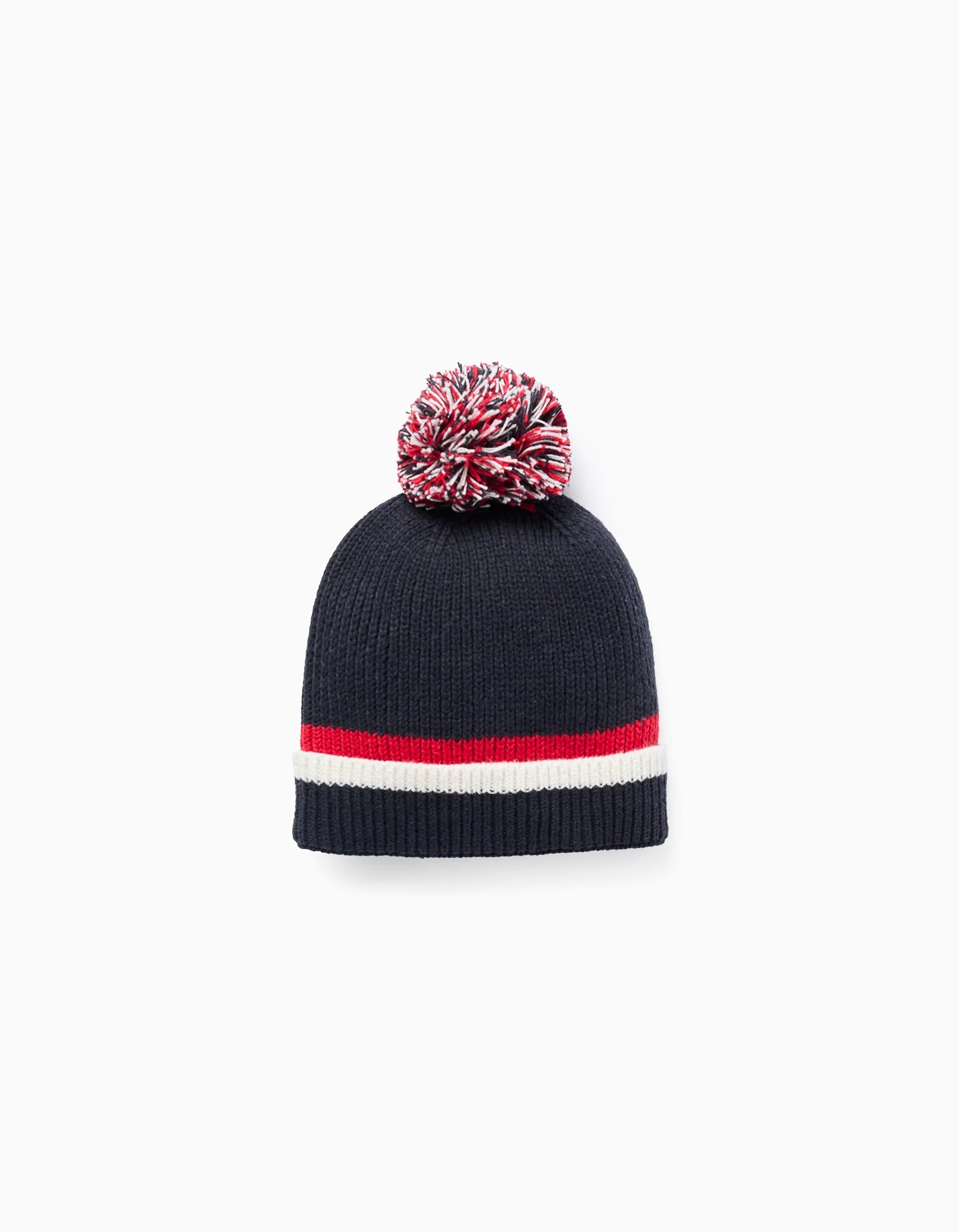 Ribbed knitted beanie with pompon for boys, dark blue/red/white