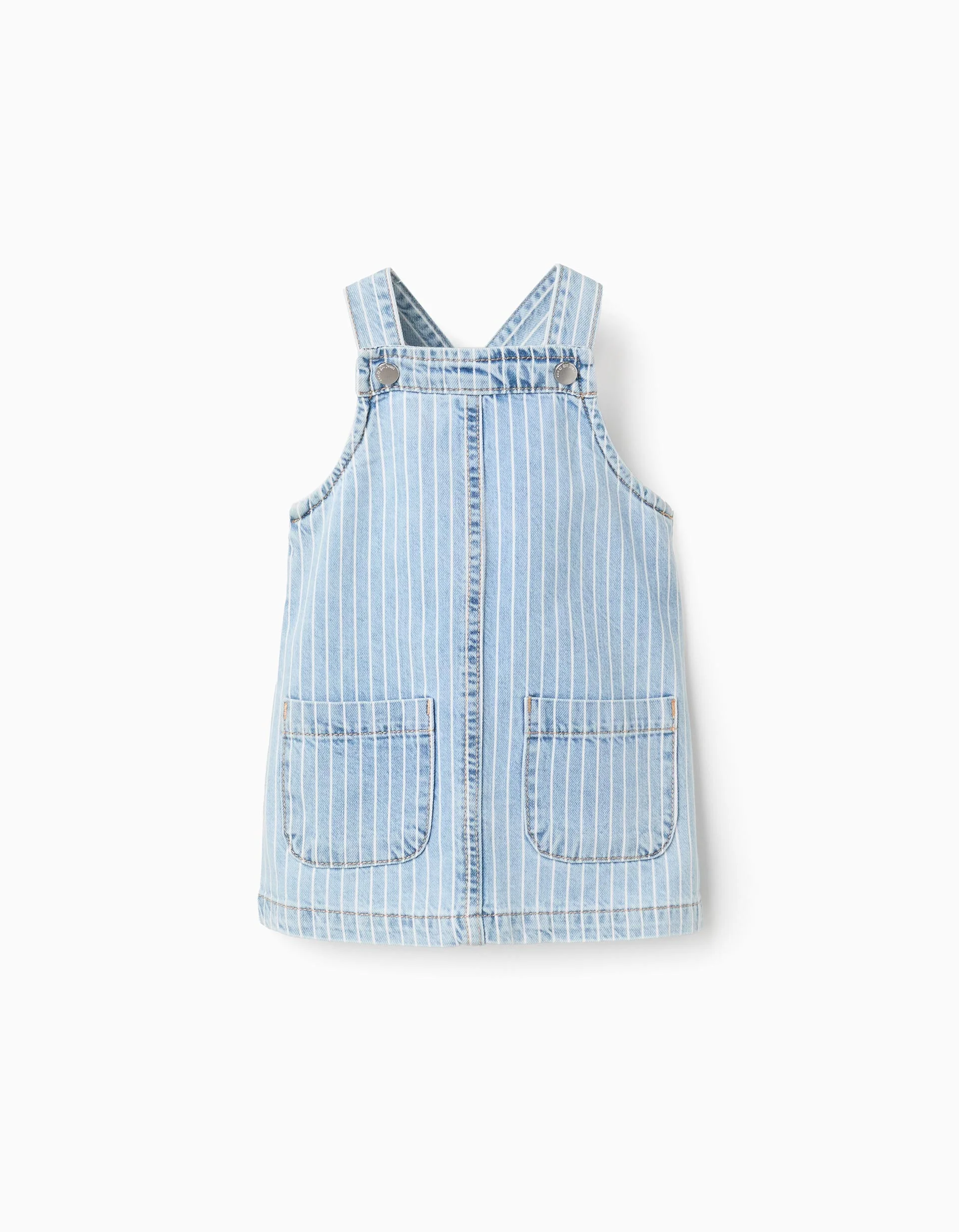 Striped Denim Pinafore Dress for Baby Girls, Light Blue/White