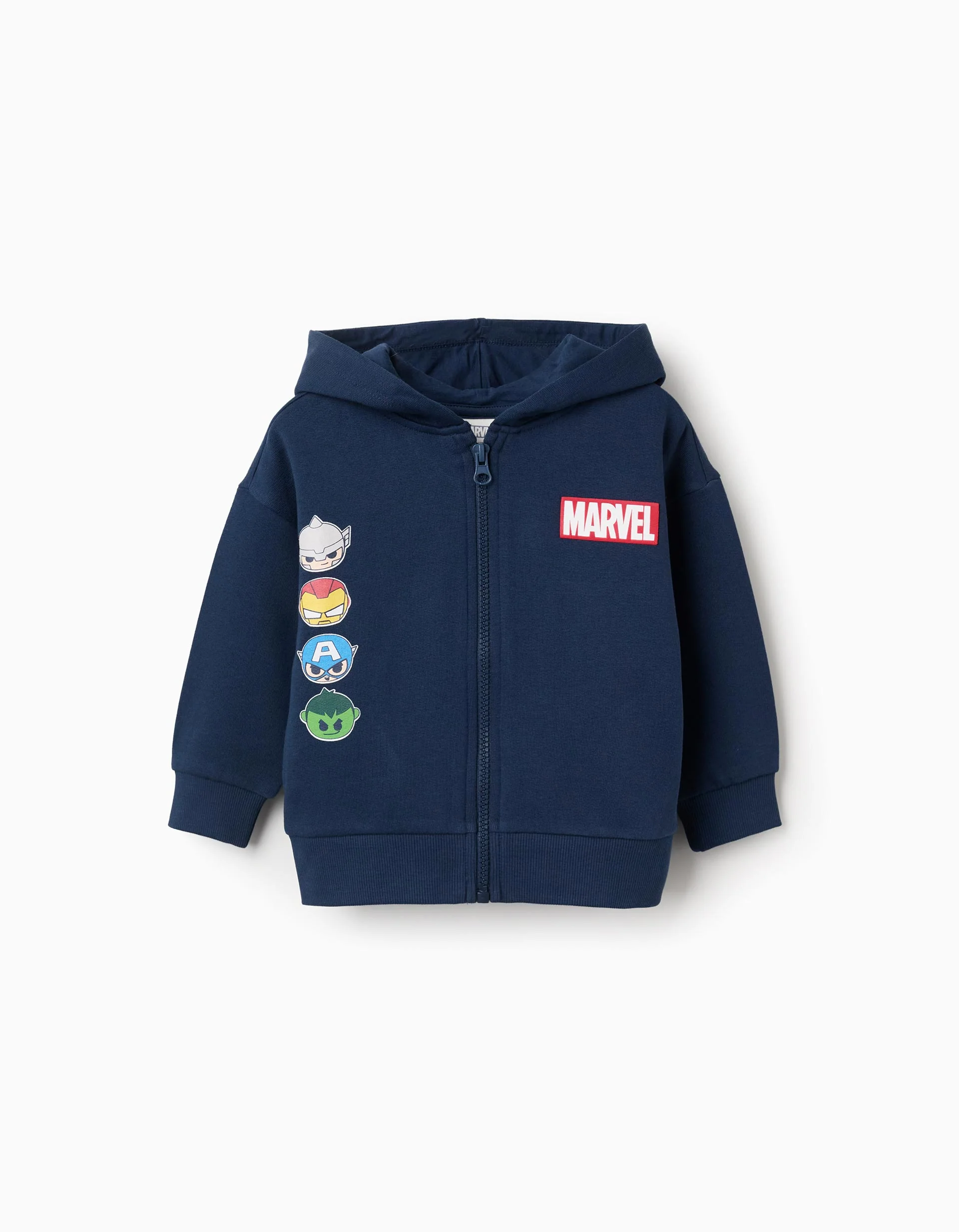 Hooded brushed jacket with Super Friends prints for baby boys, blue