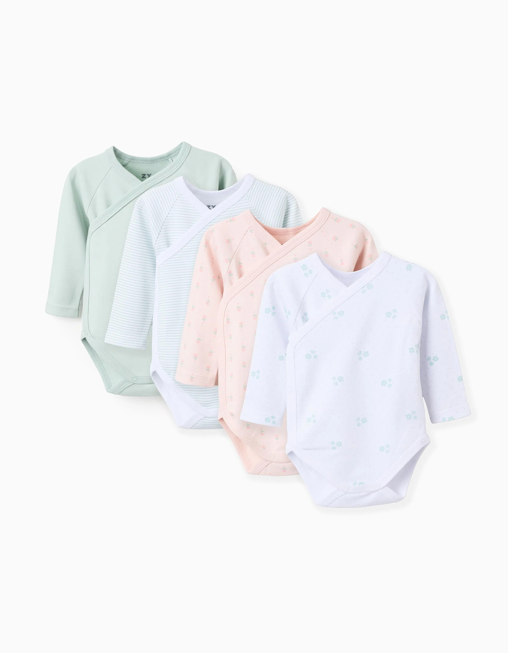 Pack of 4 Cotton Wrapover Bodysuits for Baby Girls 'Flowers', White/Green/Pink