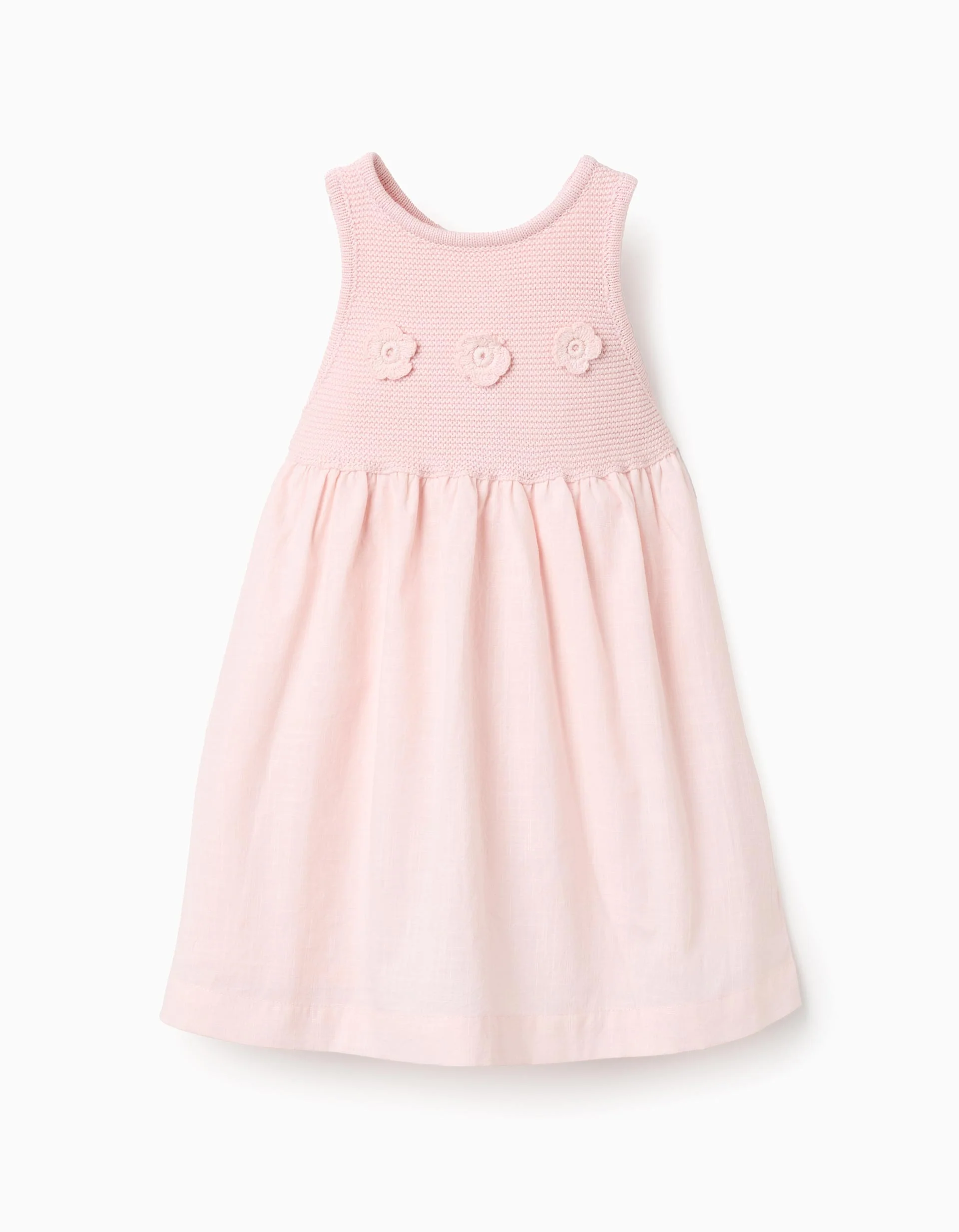 Dual-fabric Dress with Crochet Flowers for Baby Girls, Pink