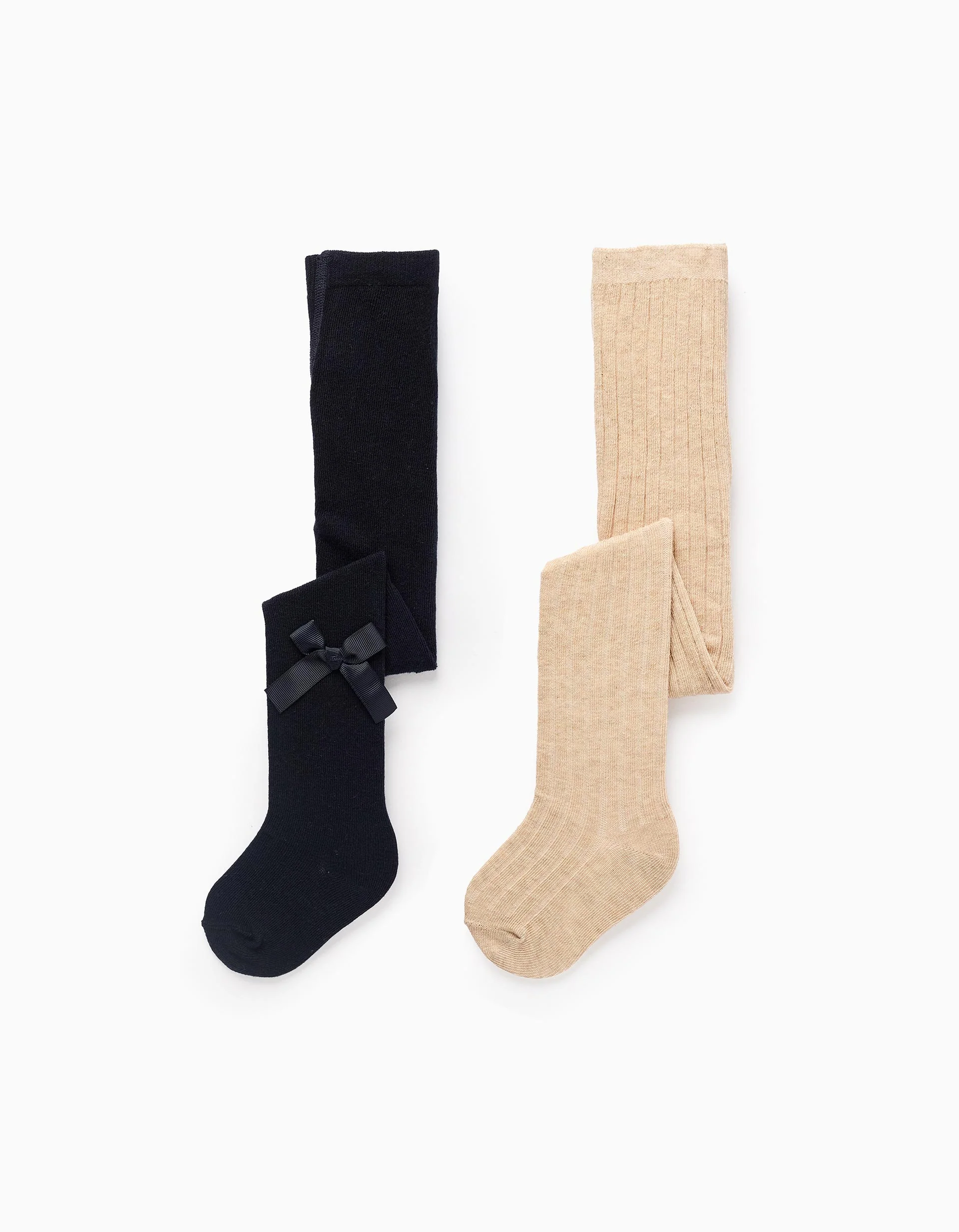 Pack of 2 Tights Ribbed/with Bow for Baby Girls, Beige/Dark Blue