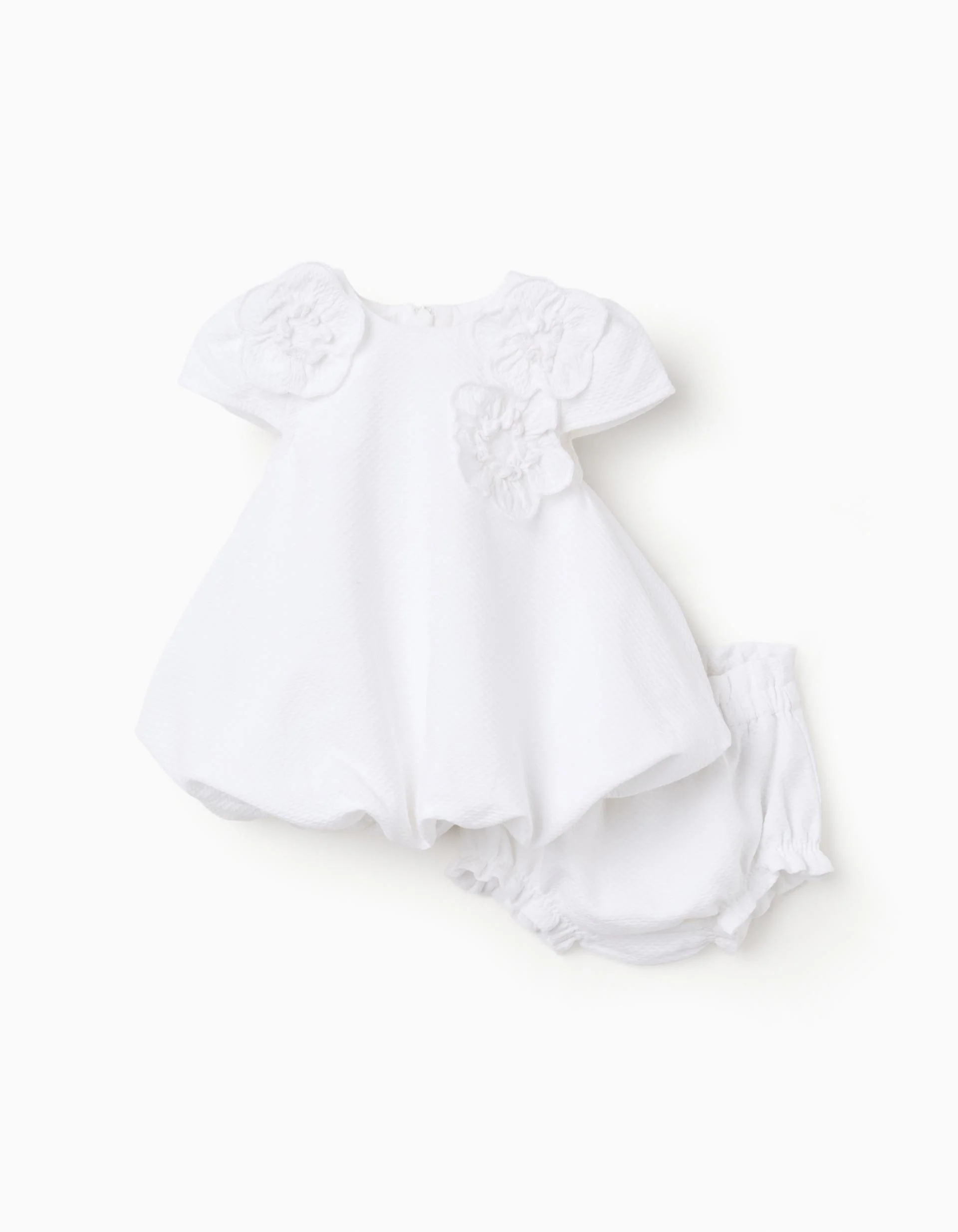 Cotton dress with balloon effect for newborn and baby girls, white