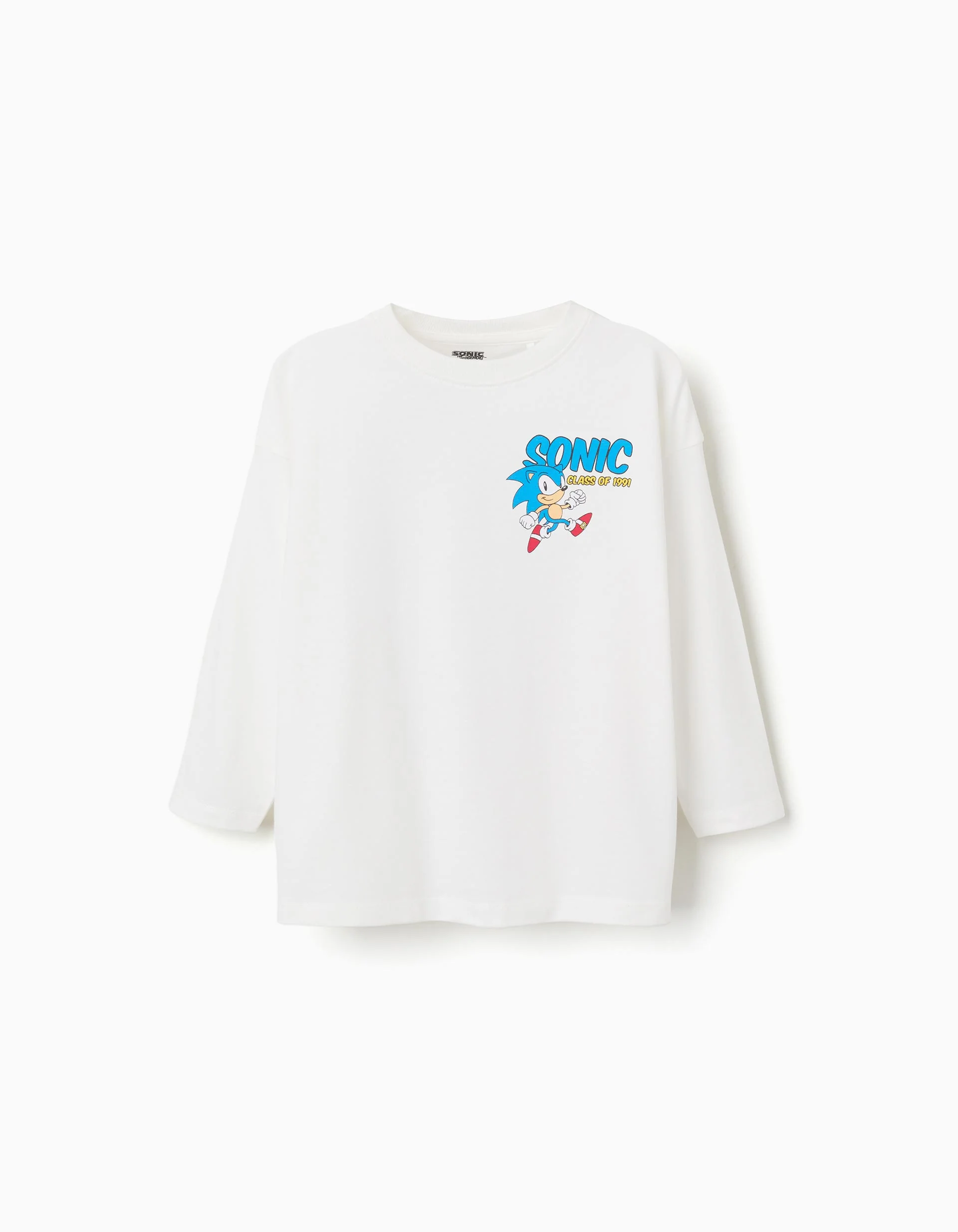 Long sleeve cotton T-shirt with Sonic prints for boys, white