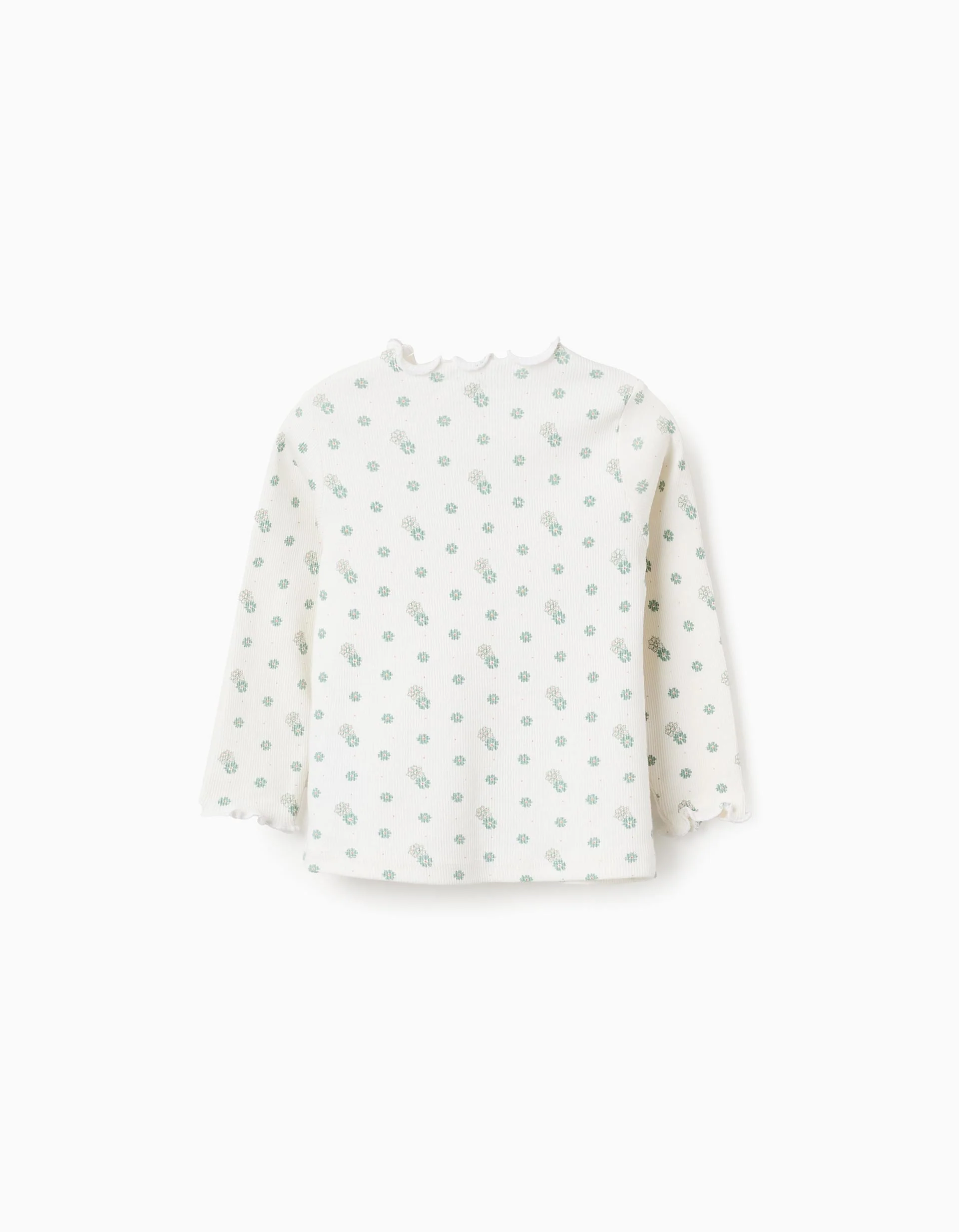 Long Sleeve Ribbed T-shirt with Floral Motif for Baby Girls, White