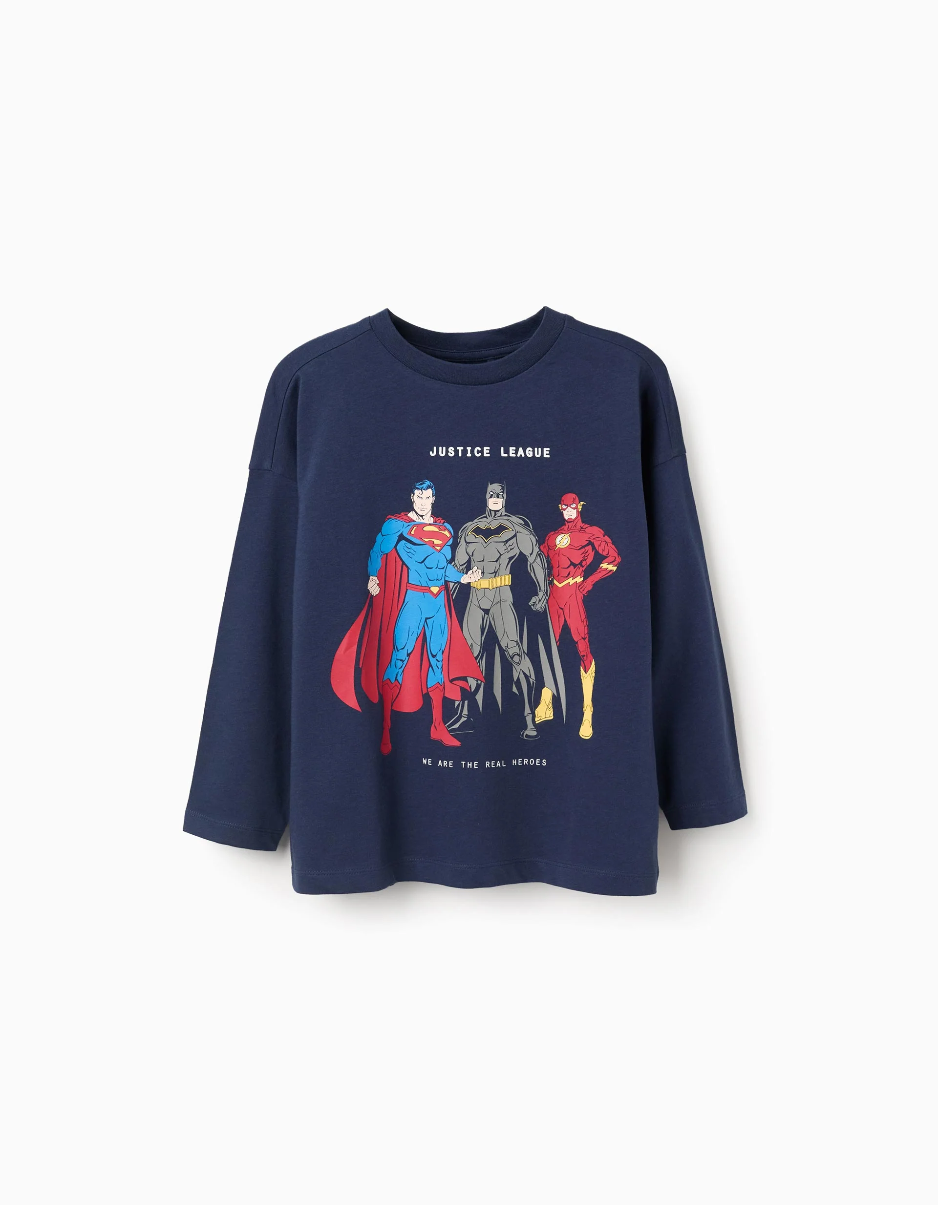Long sleeve cotton T-shirt with Justice League for boys, dark blue