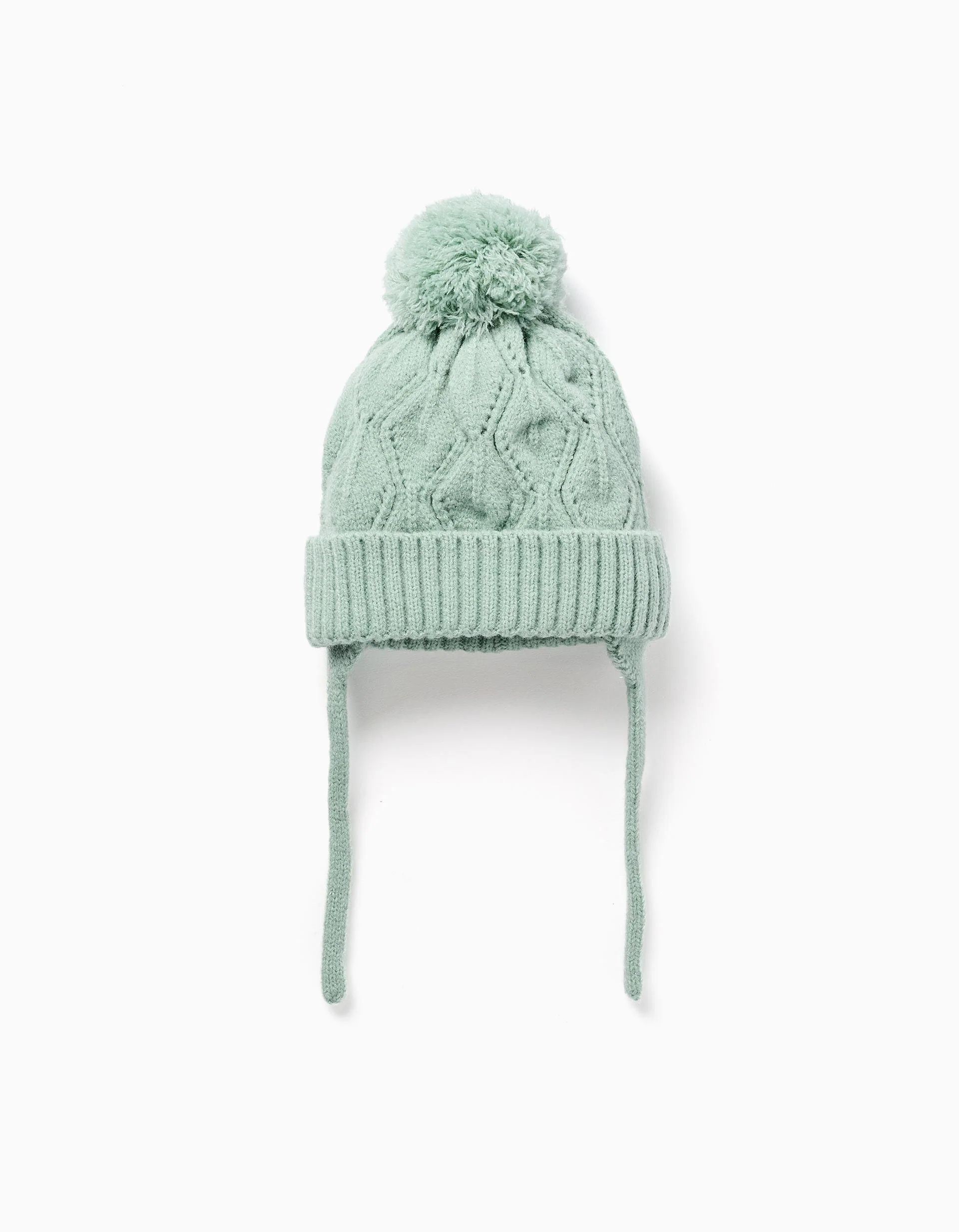 Cable knit beanie with pompon and straps for baby girls, light green
