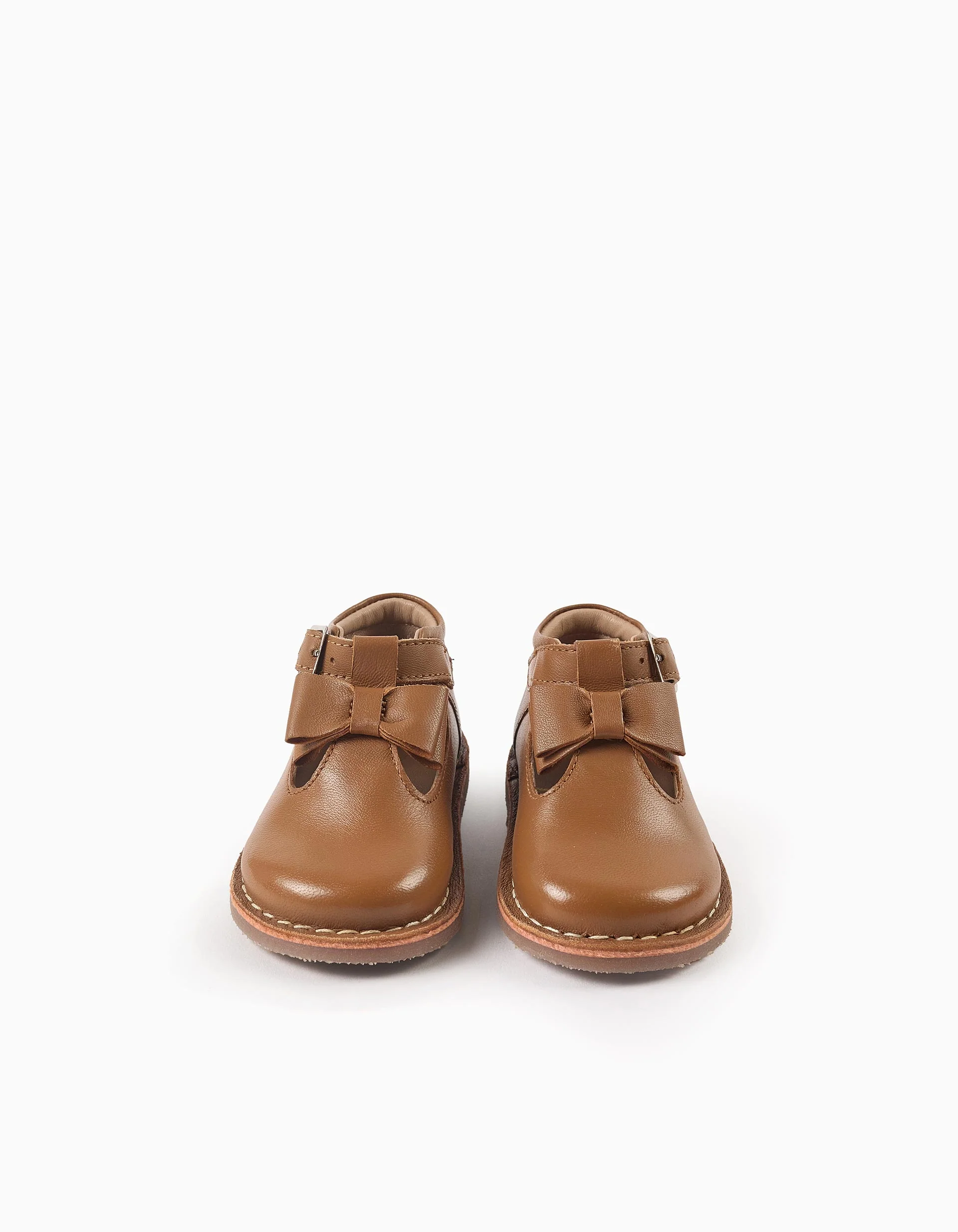Leather Mary Jane Shoes with Bow for Baby Girls, Camel