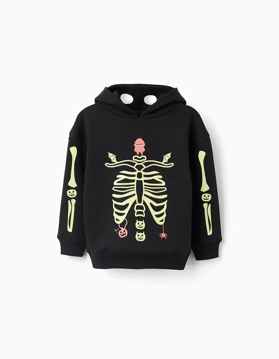Brushed hoodie with glow-in-the-dark print for boys, black