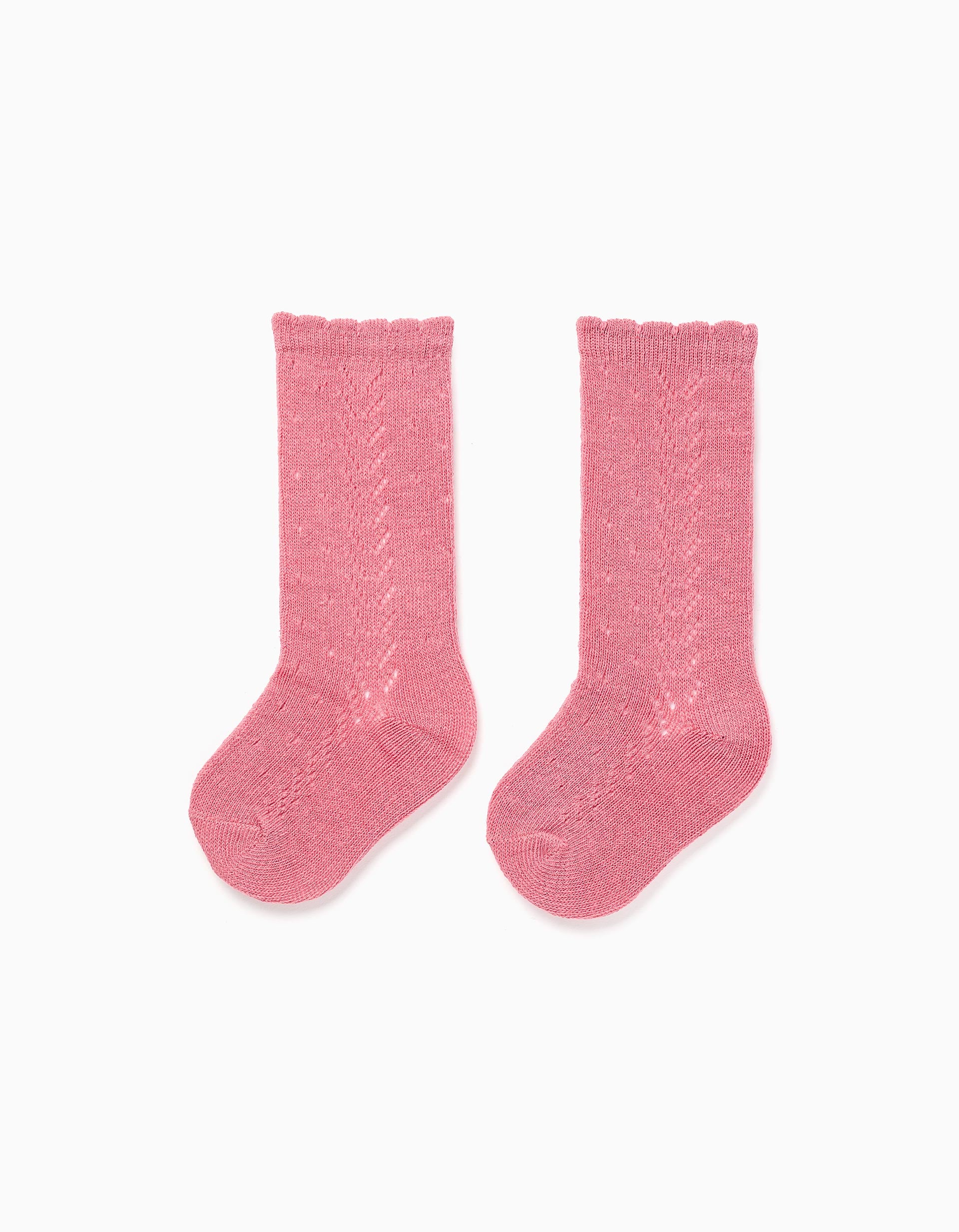 Openwork Knit High Socks with Wavy End for Baby Girls, Pink
