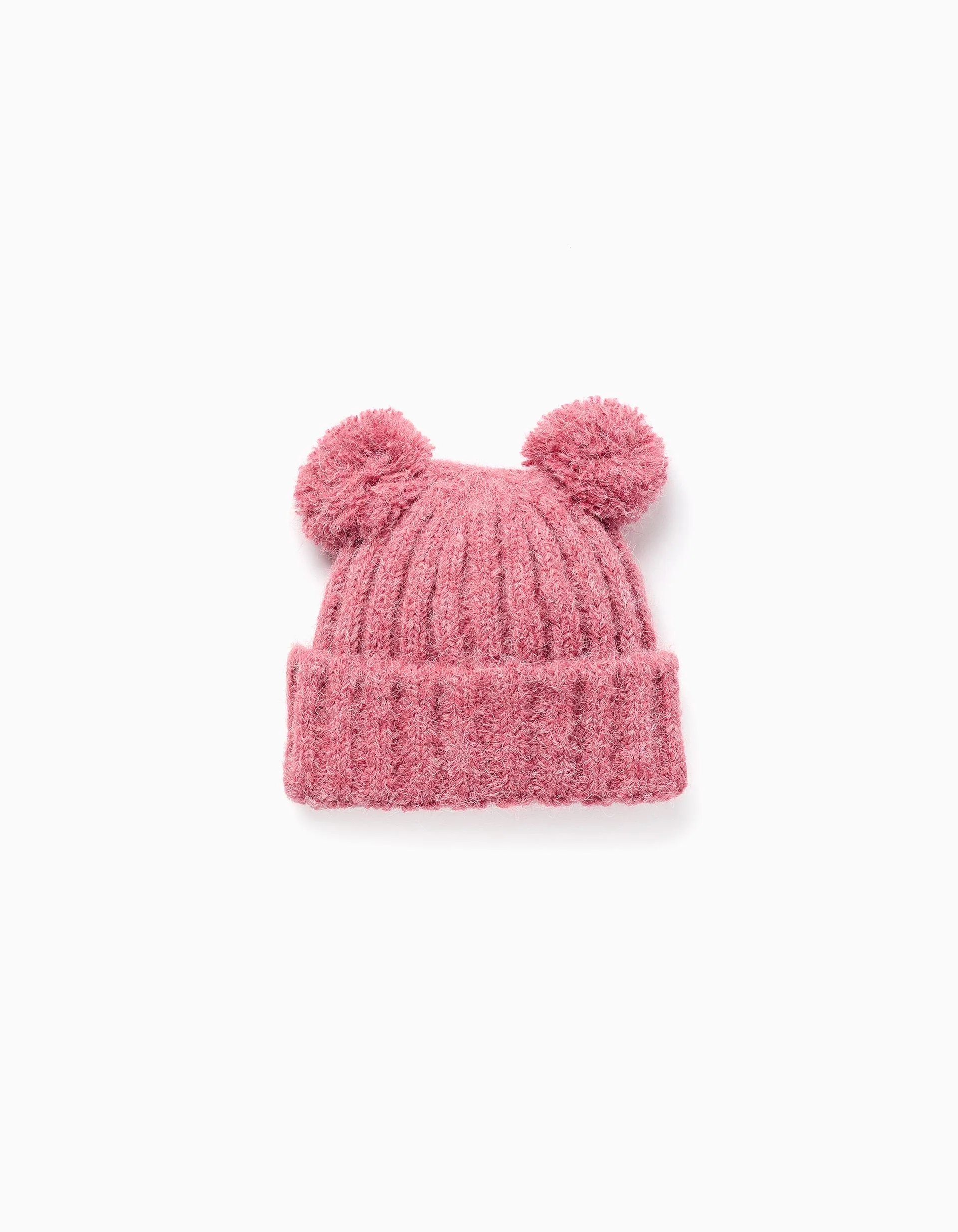 Thick cable knit beanie with pompoms for baby girls, pink