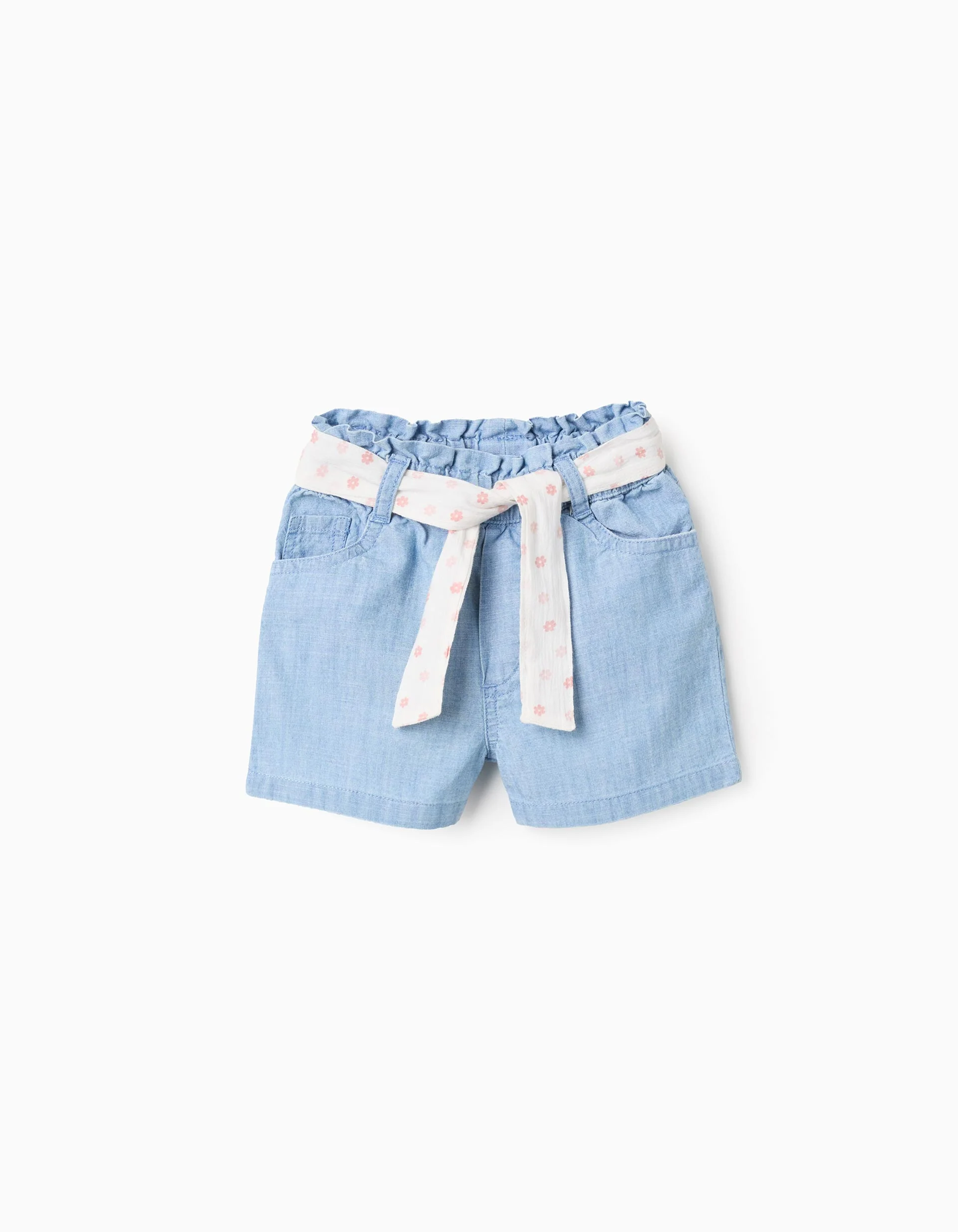 Denim Shorts with Floral Belt for Baby Girls, Blue