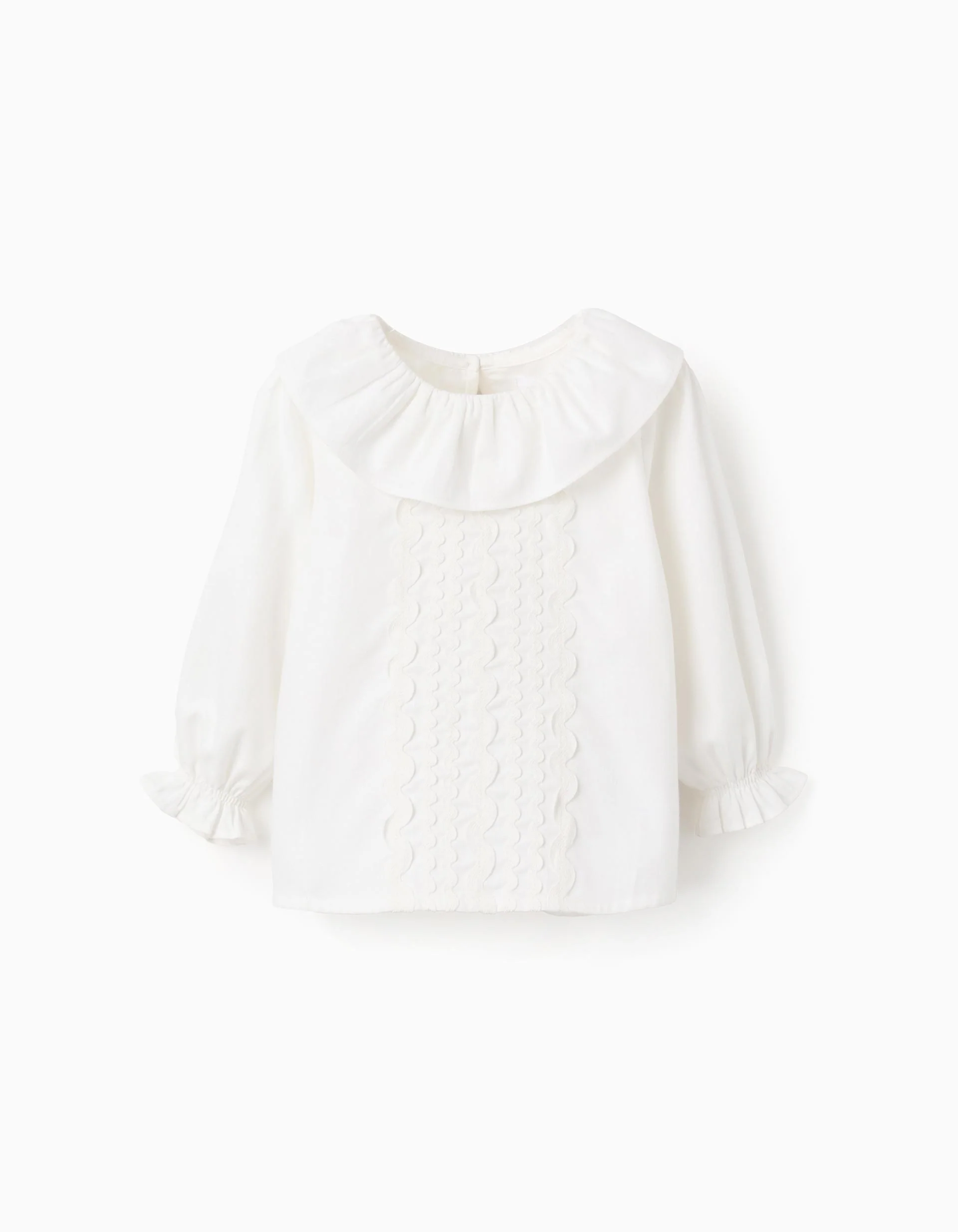 Cotton Twill Blouse with Wavy Ribbons for Baby Girls, White