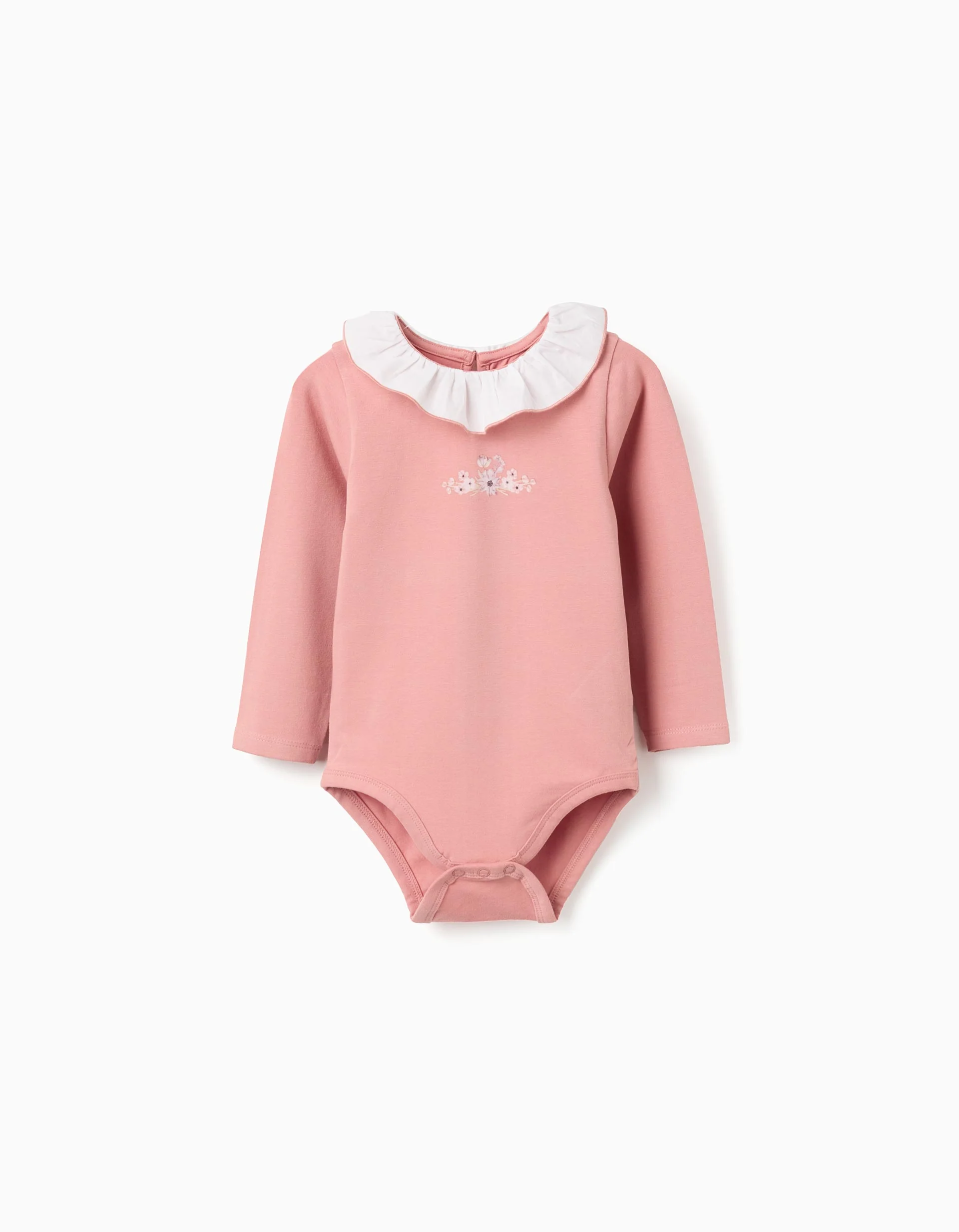 Long sleeve bodysuit with print and ruffled collar for baby girls, pink