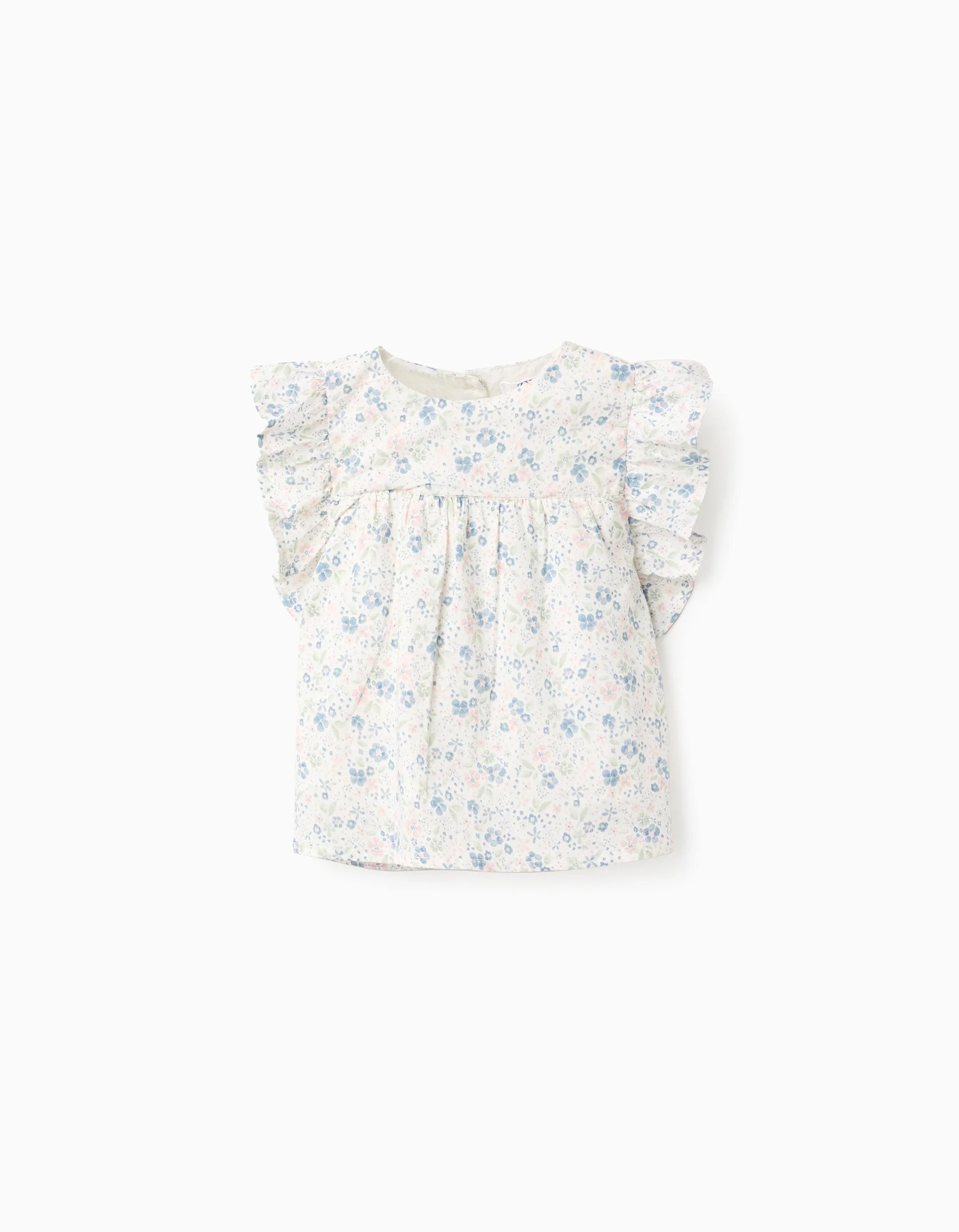 Floral Cotton Blouse with Ruffles for Girls, White/Blue/Pink/Green
