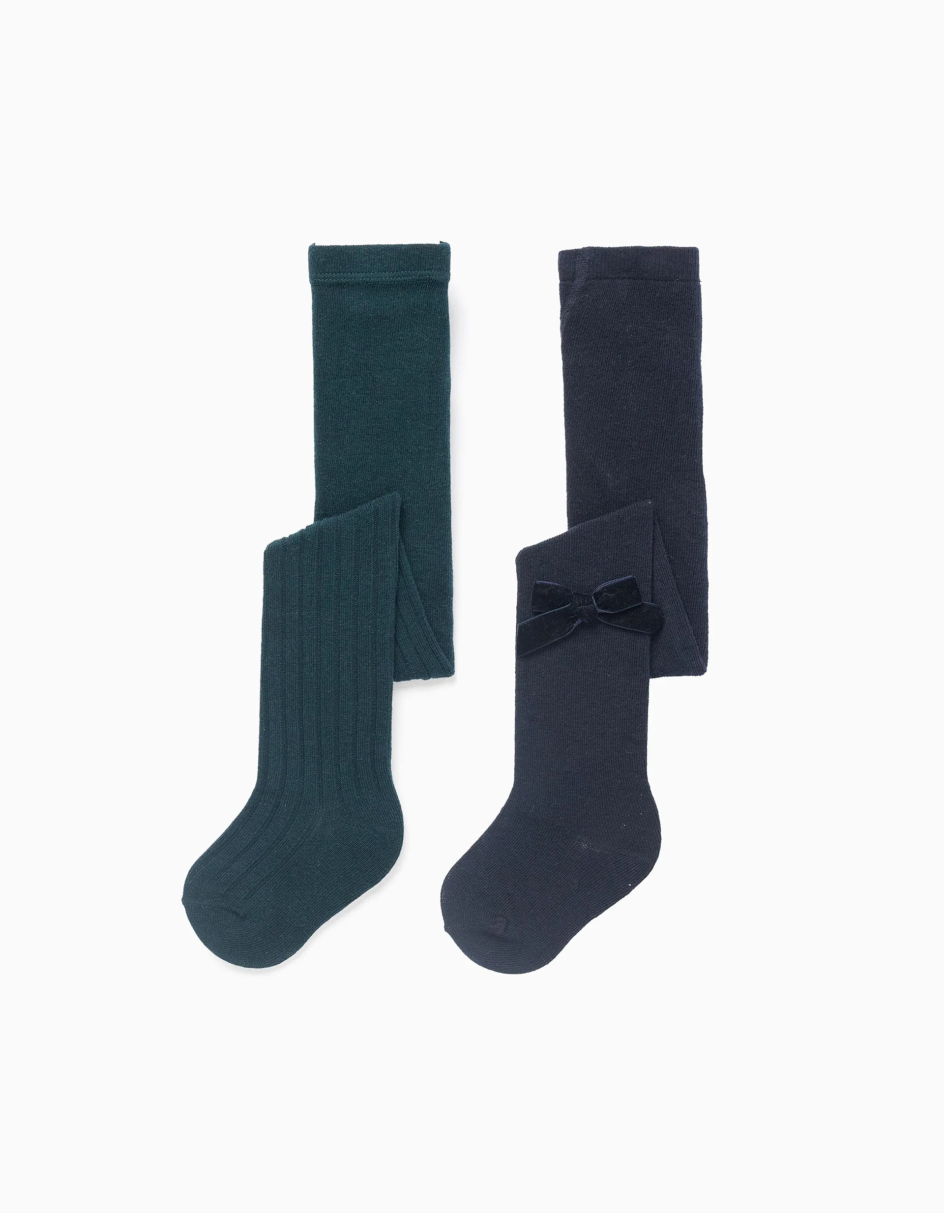 Pack of 2 tights ribbed/with bow for baby girls, dark blue/green