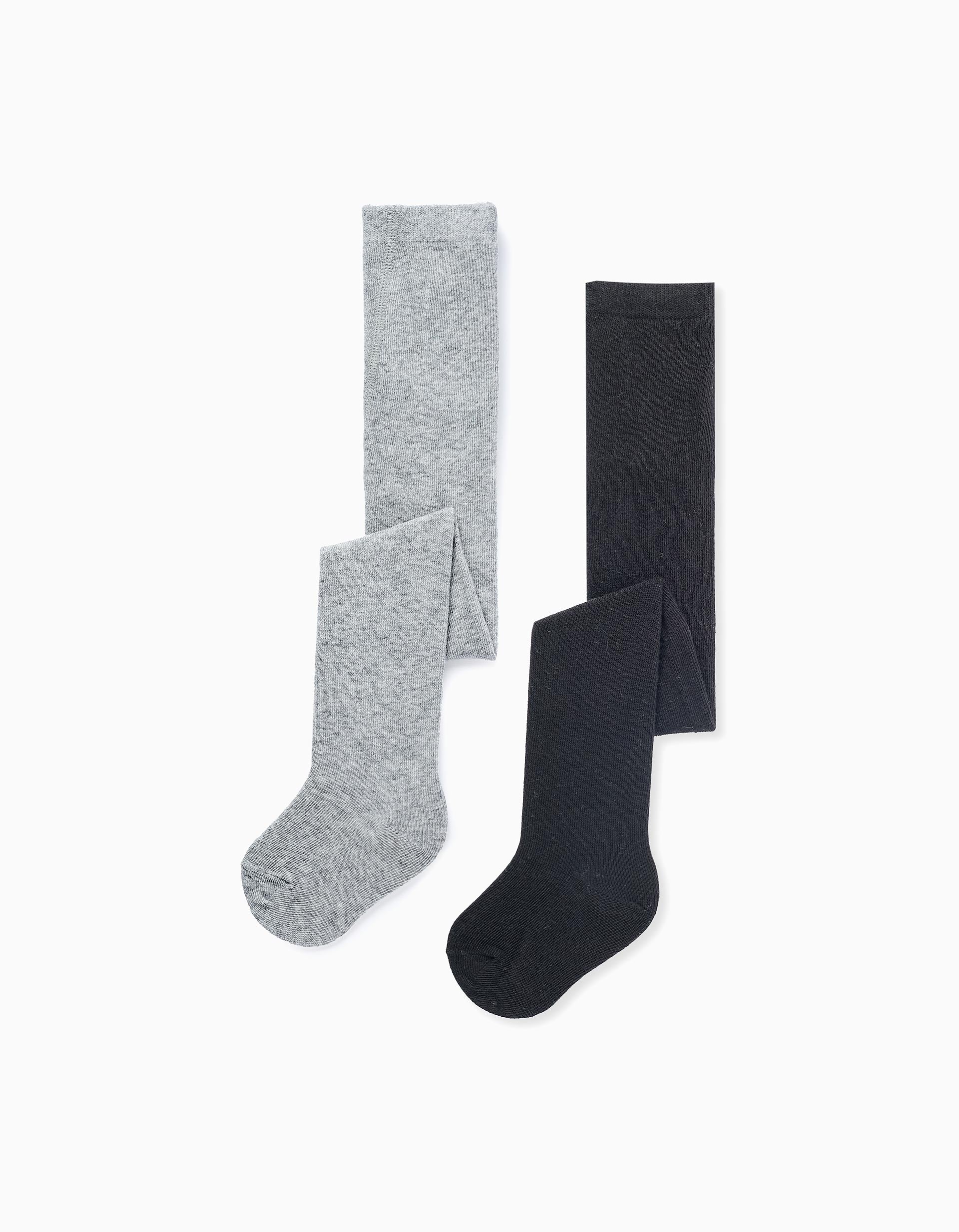 Pack of 2 Tights for Newborn Girls and Babies, Grey/Black