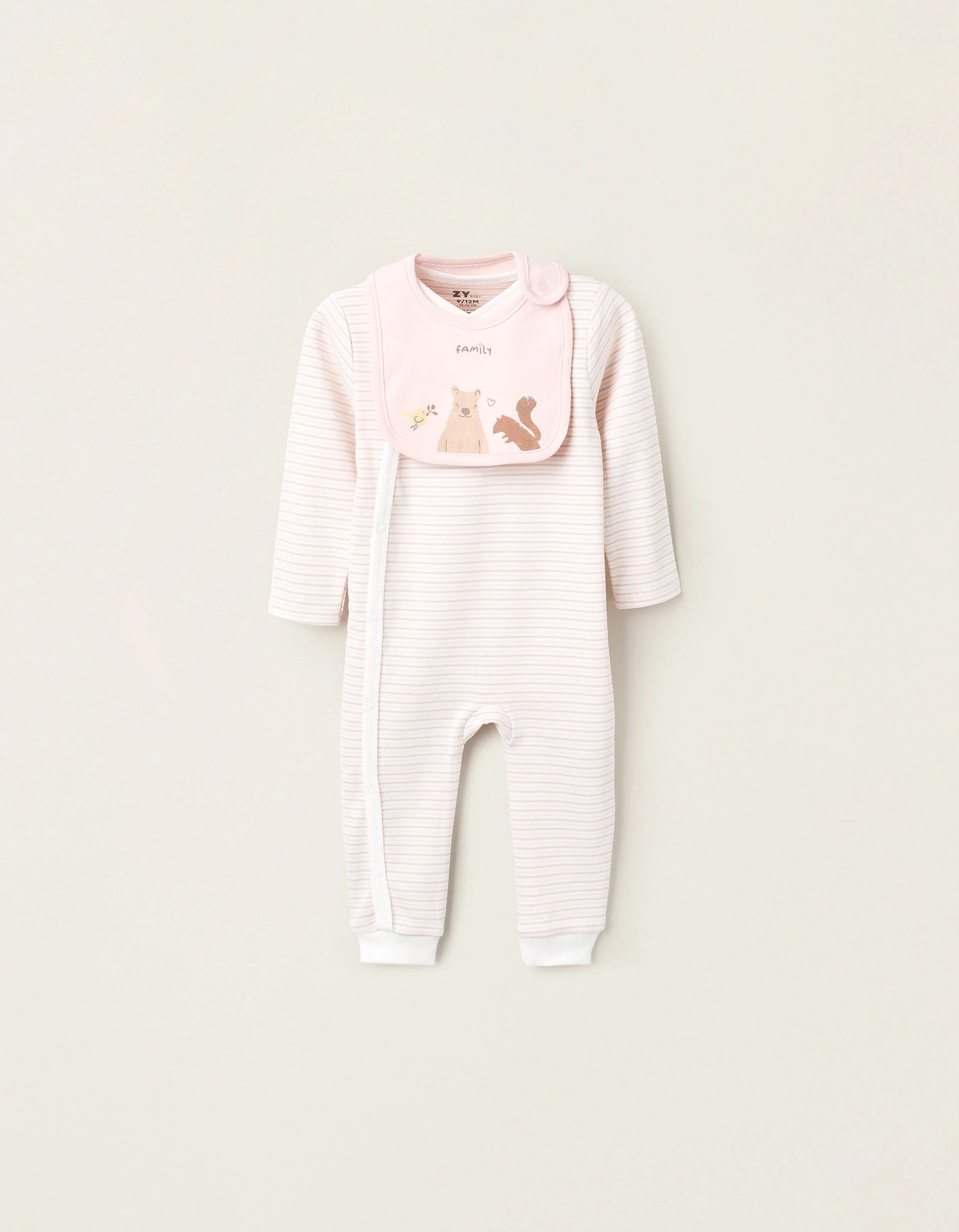 Sleepsuit + Bib for Newborn Girls 'Family Love', Beige/Pink