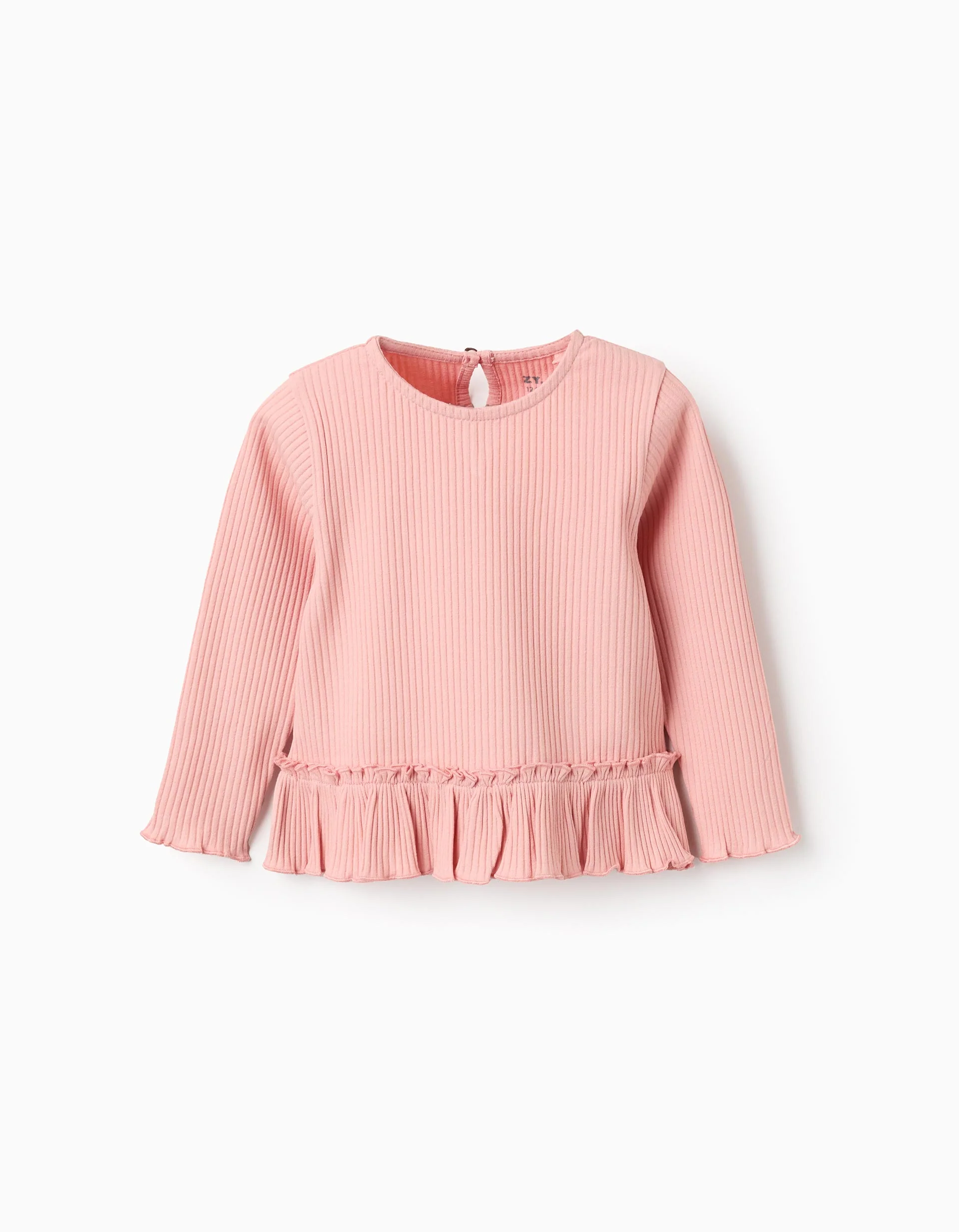 Ribbed Long Sleeve Frill T-shirt for Baby Girls, Pink