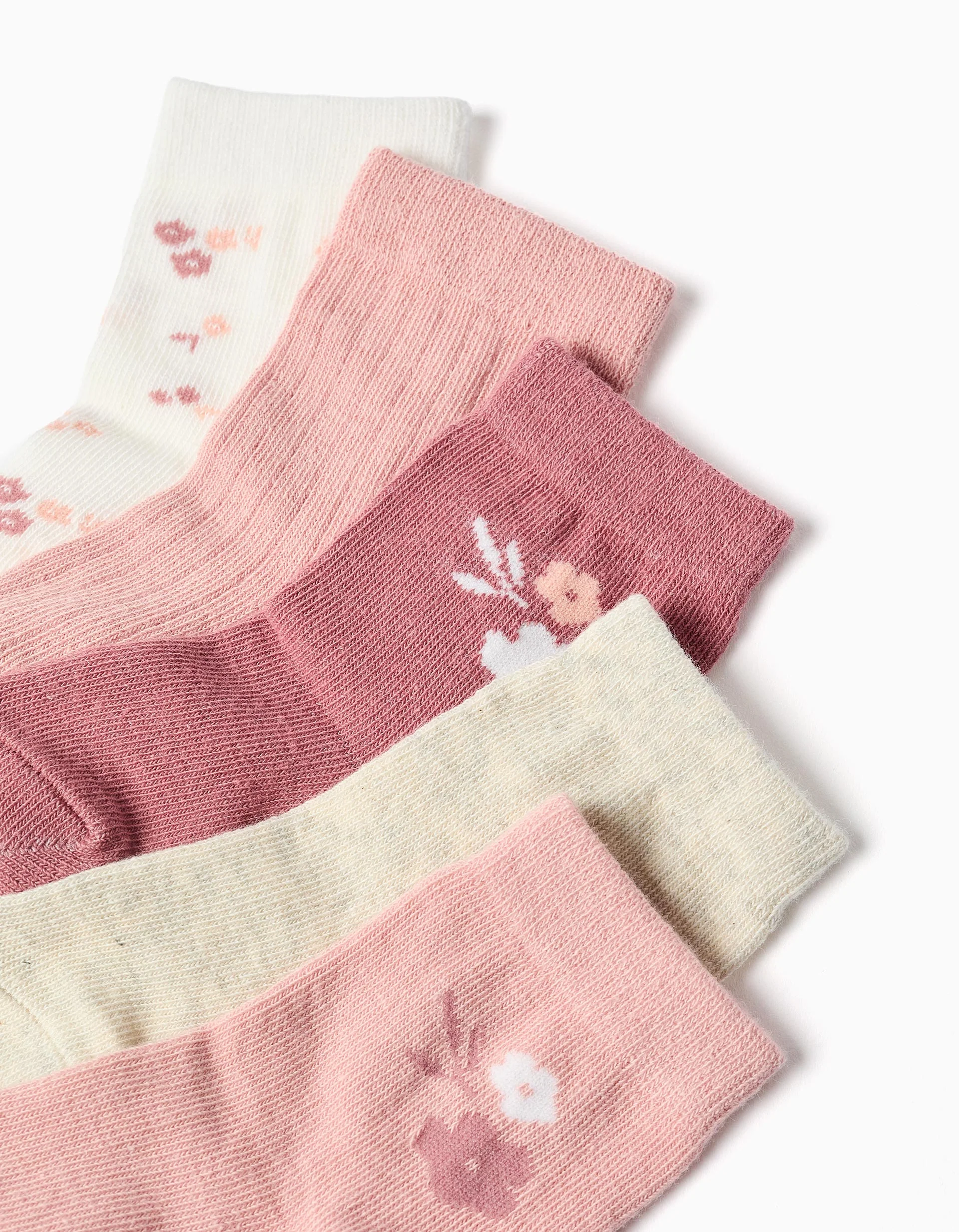 Pack of 5 pairs of socks with flowers for baby girls, pink/white/beige