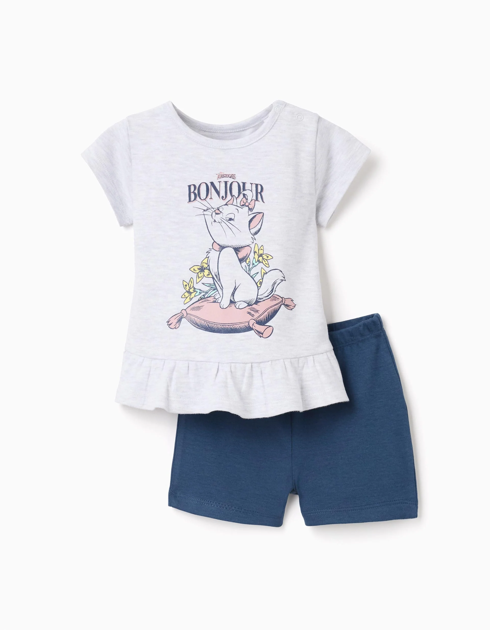 Cotton pyjamas with 'Marie' print for baby girls, grey/blue
