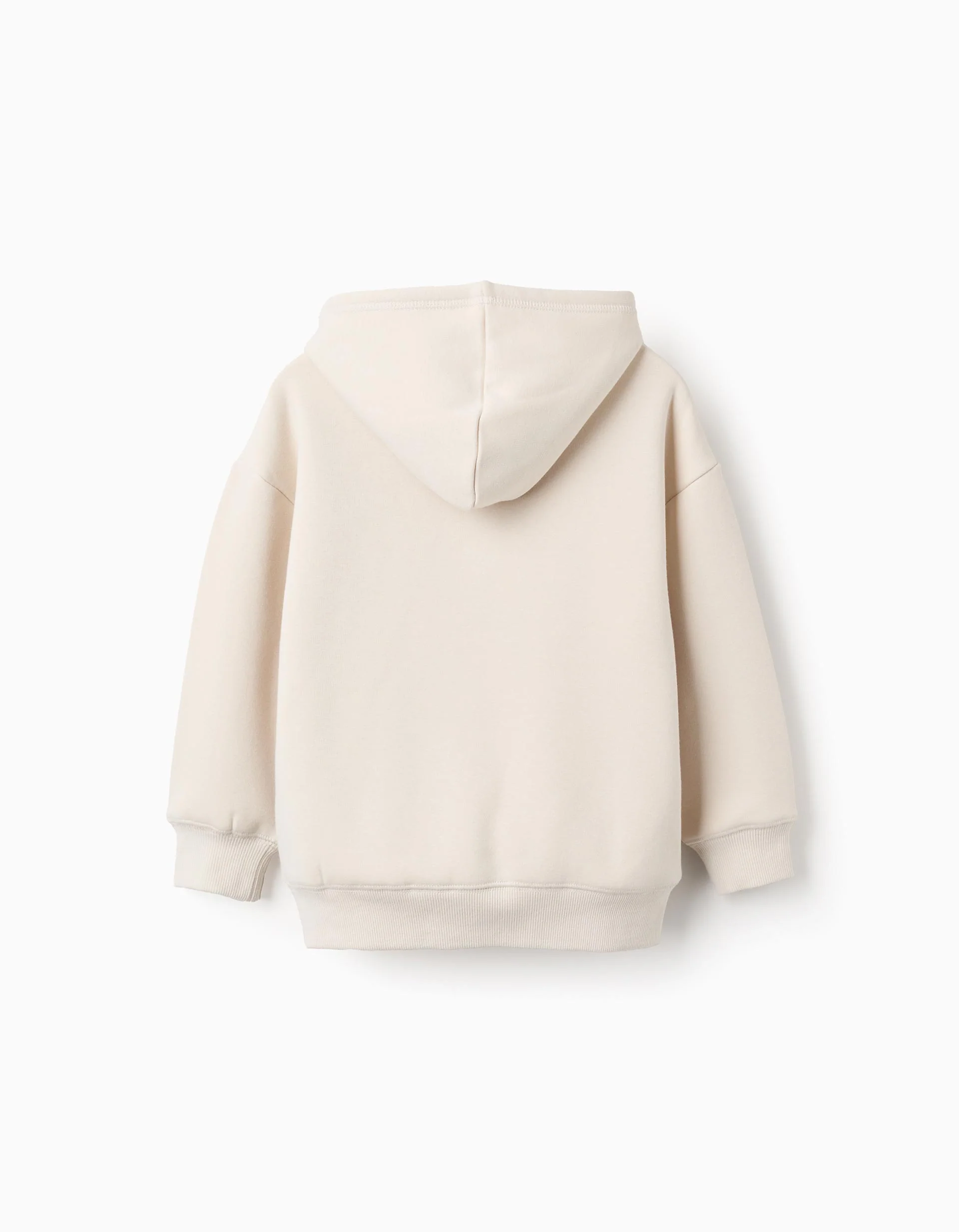 Hooded sweatshirt with plush lining and print for boys, beige