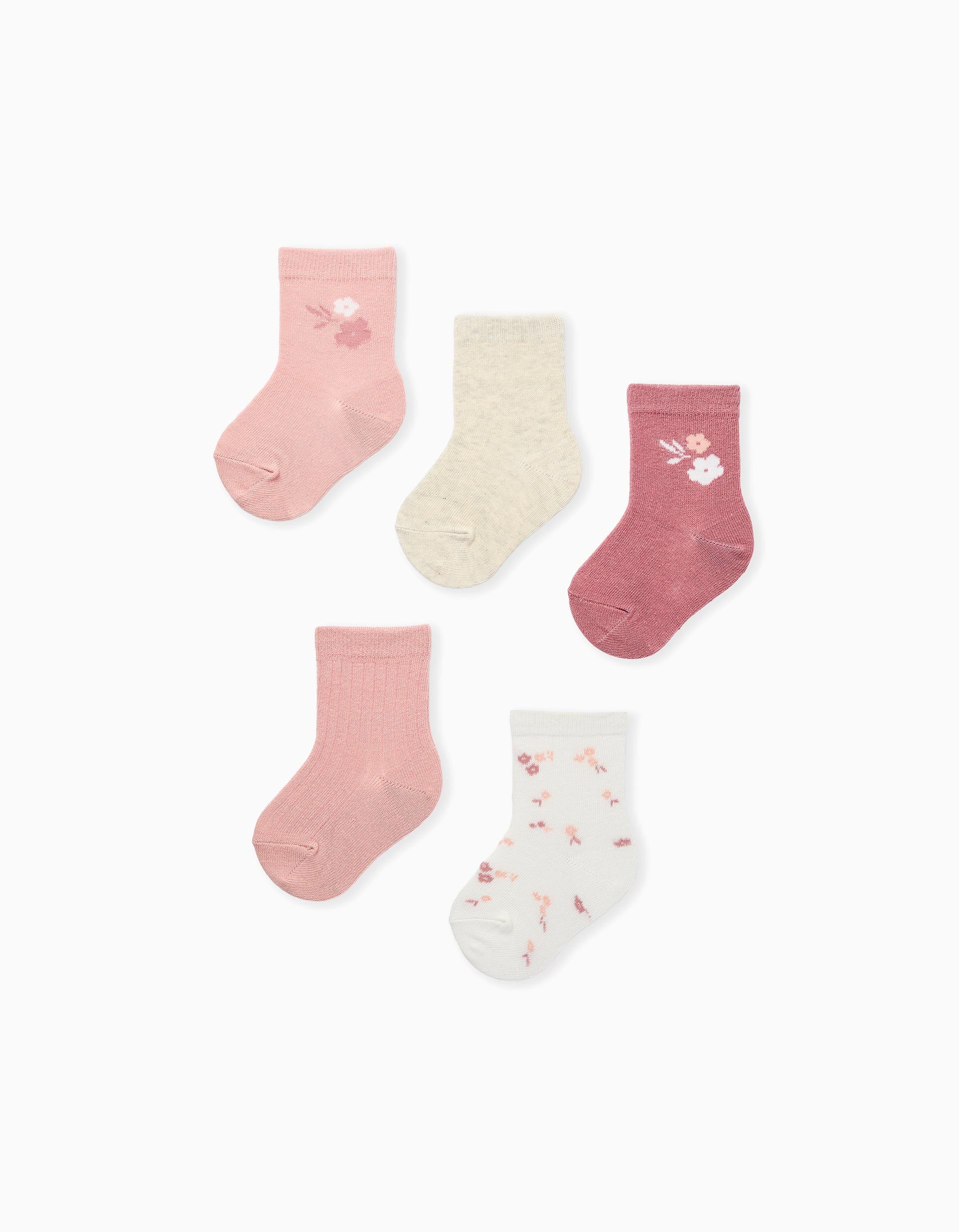 Pack of 5 pairs of socks with flowers for baby girls, pink/white/beige