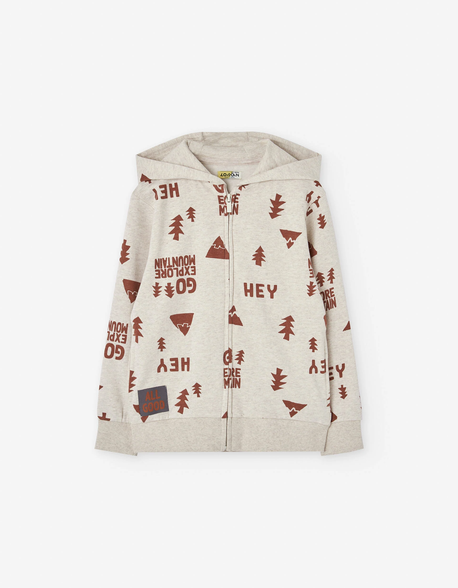 Cotton hooded jacket with forest motif for boys, beige/brown