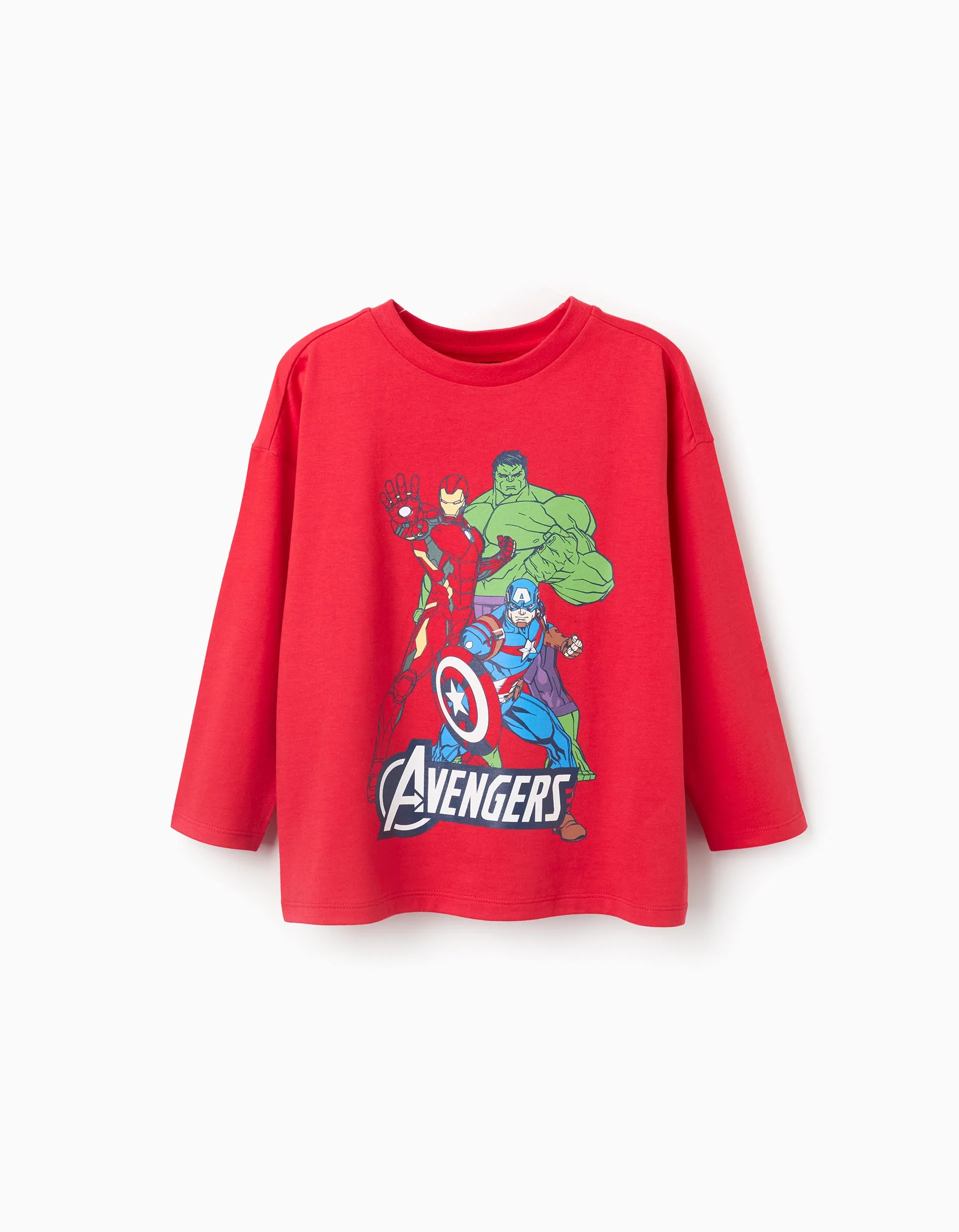 Long sleeve cotton T-shirt with Avengers print for boys, red