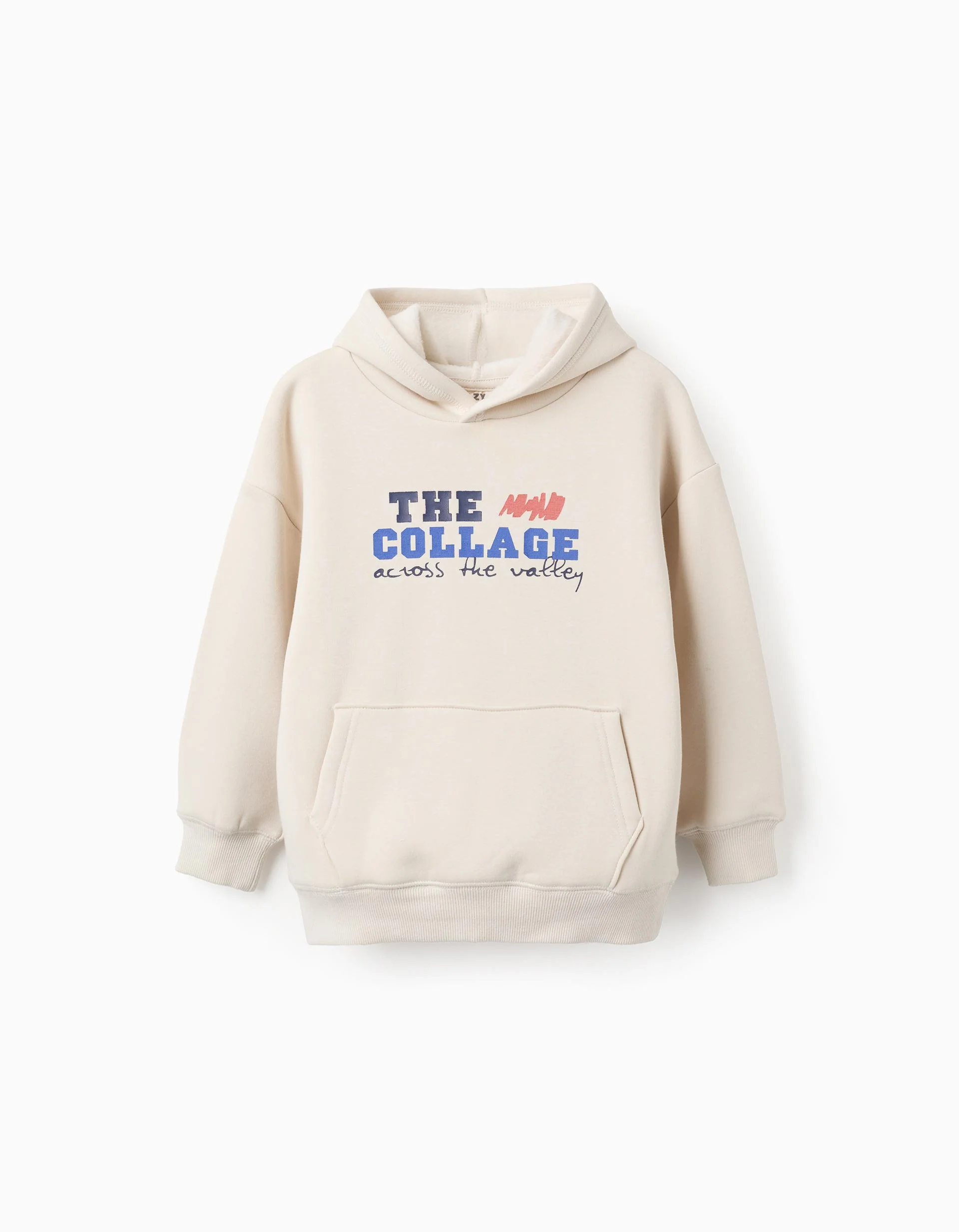 Hooded sweatshirt with plush lining and print for boys, beige