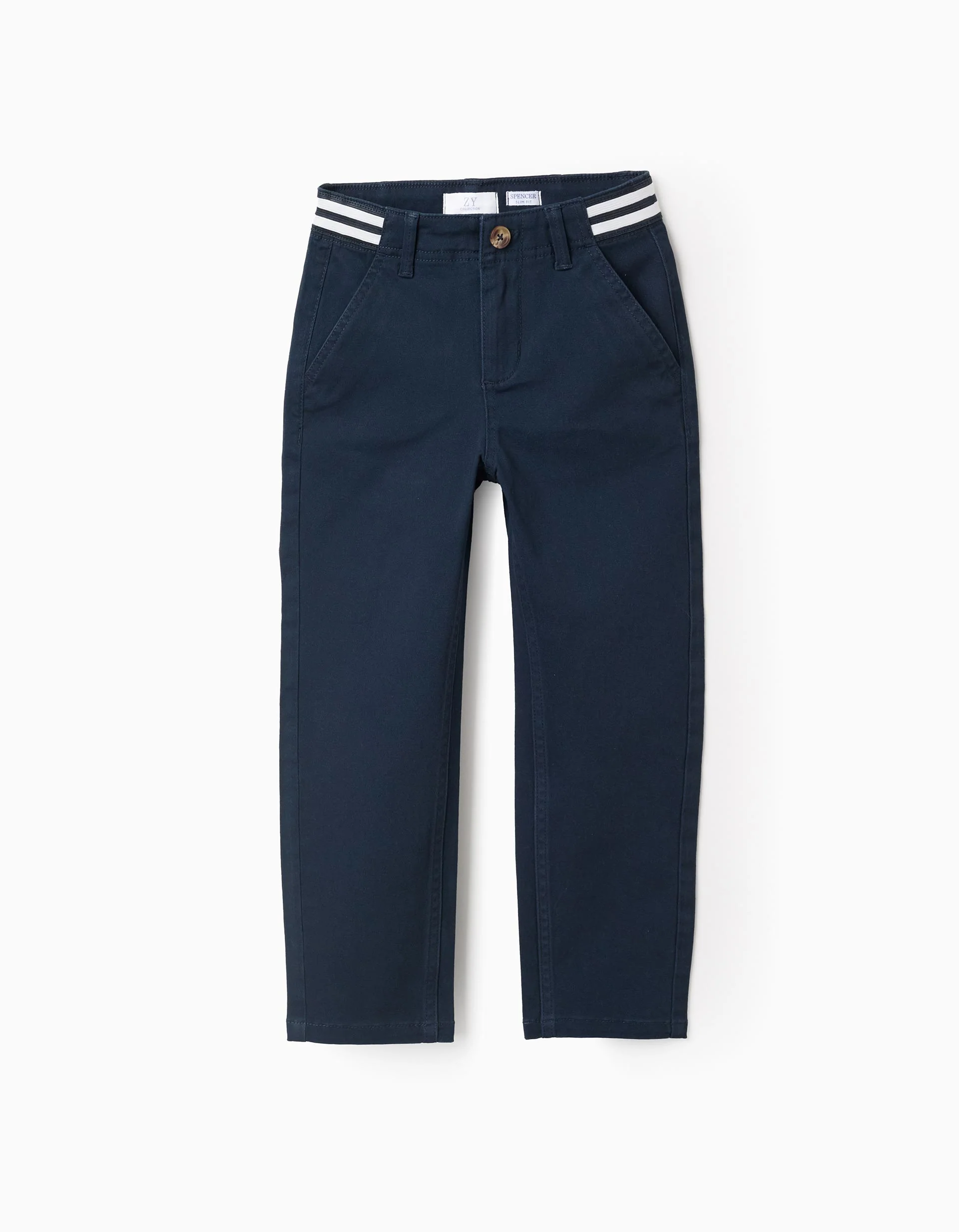 Twill Chino Trousers with Striped Waist for Boys, Dark Blue