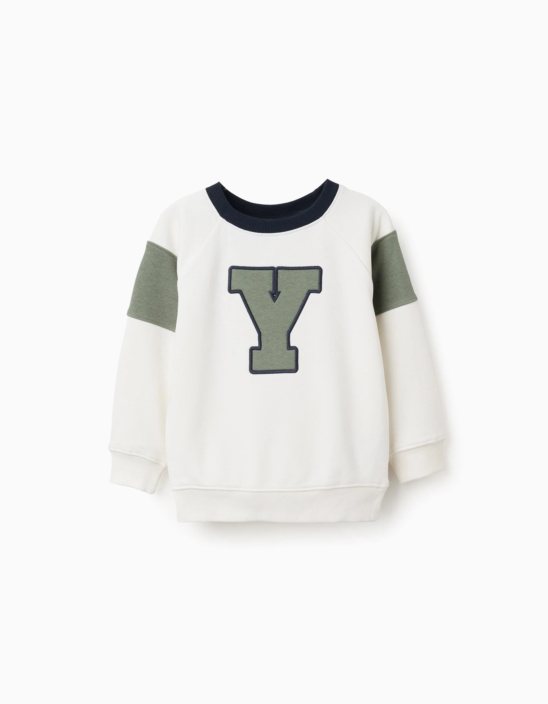 Brushed Sweatshirt with 'Y' Embroidery for Boys, White/Green/Blue
