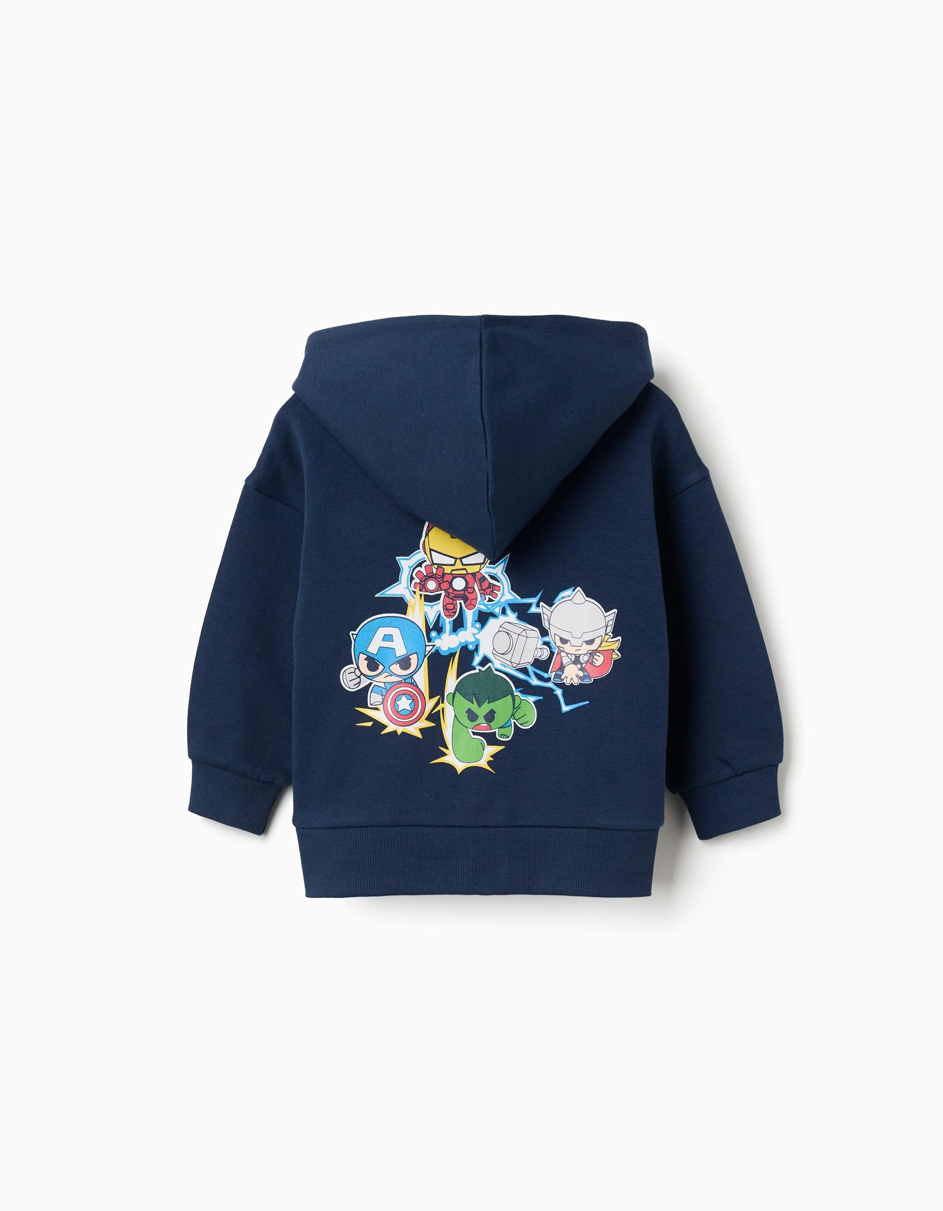 Hooded brushed jacket with Super Friends prints for baby boys, blue