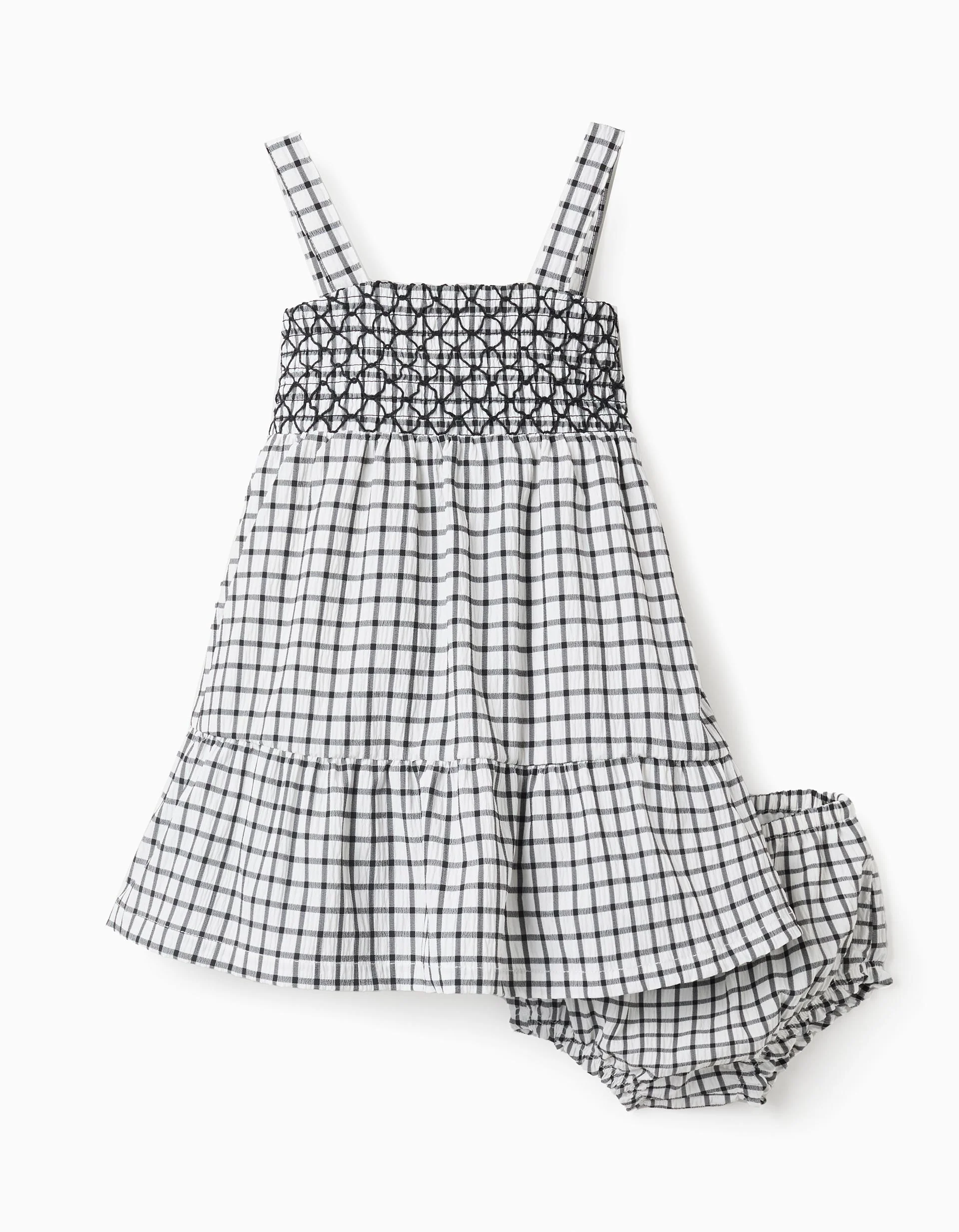 Dress + Bloomers with Vichy Pattern for Baby Girls, White/Grey