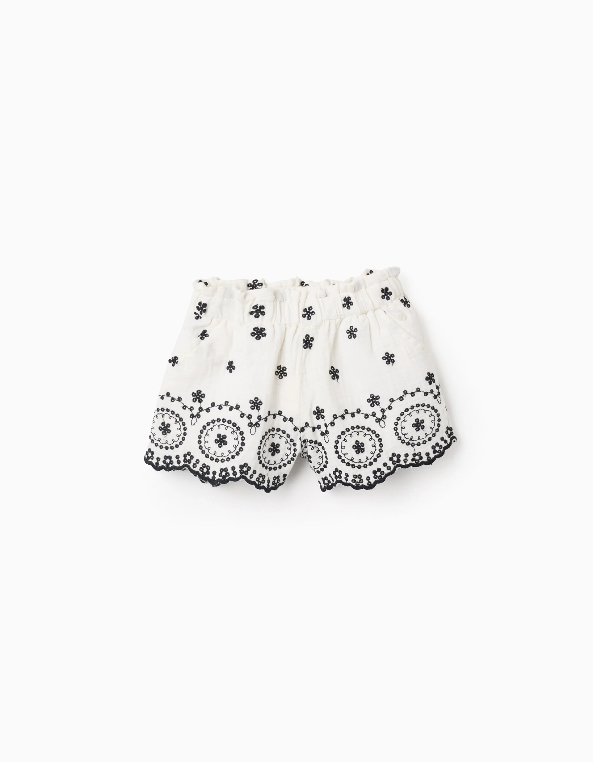 Cotton Bamboula Shorts with Embroidery for Baby Girls, White/Black