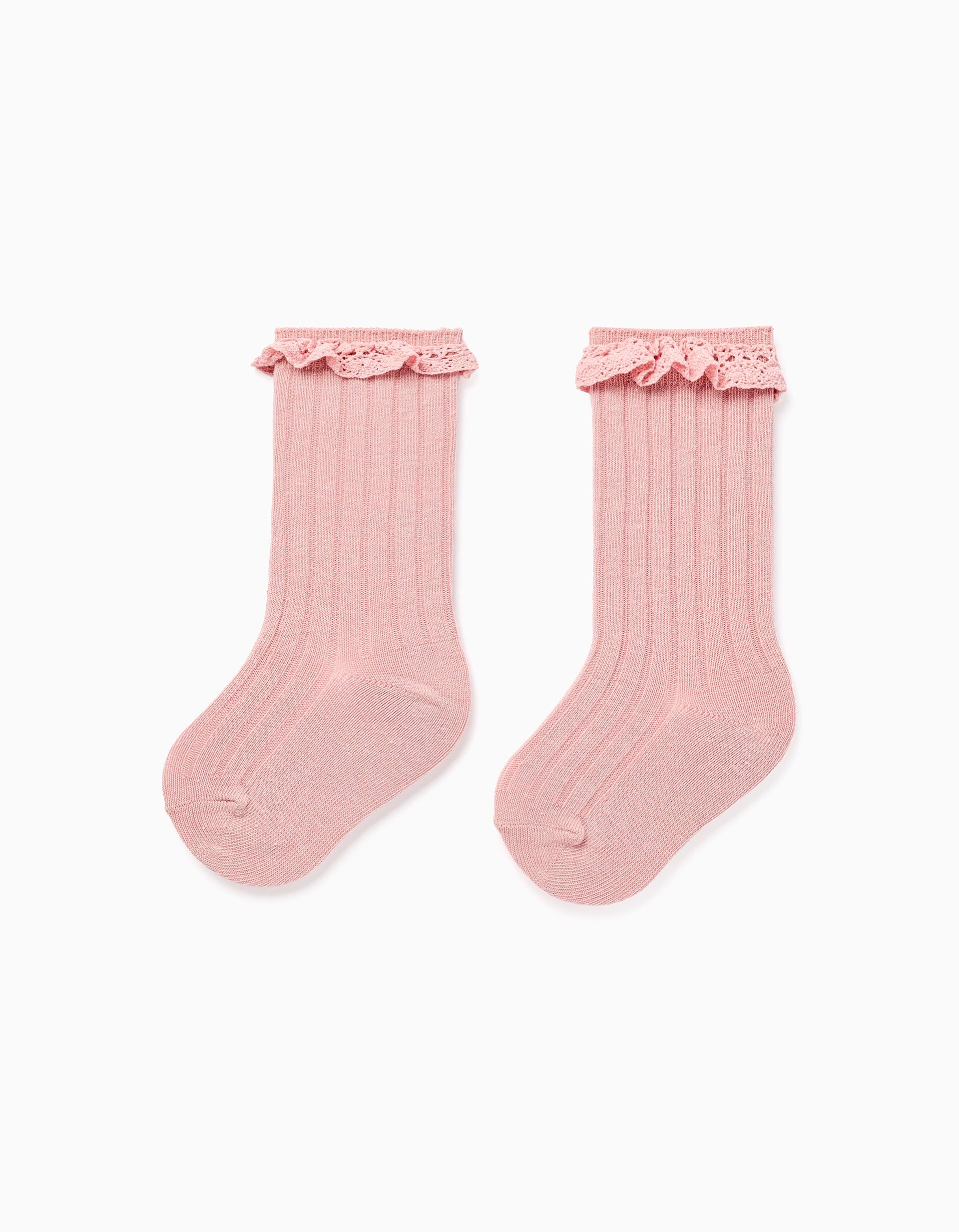 High socks with crochet ruffles for baby girls, light pink
