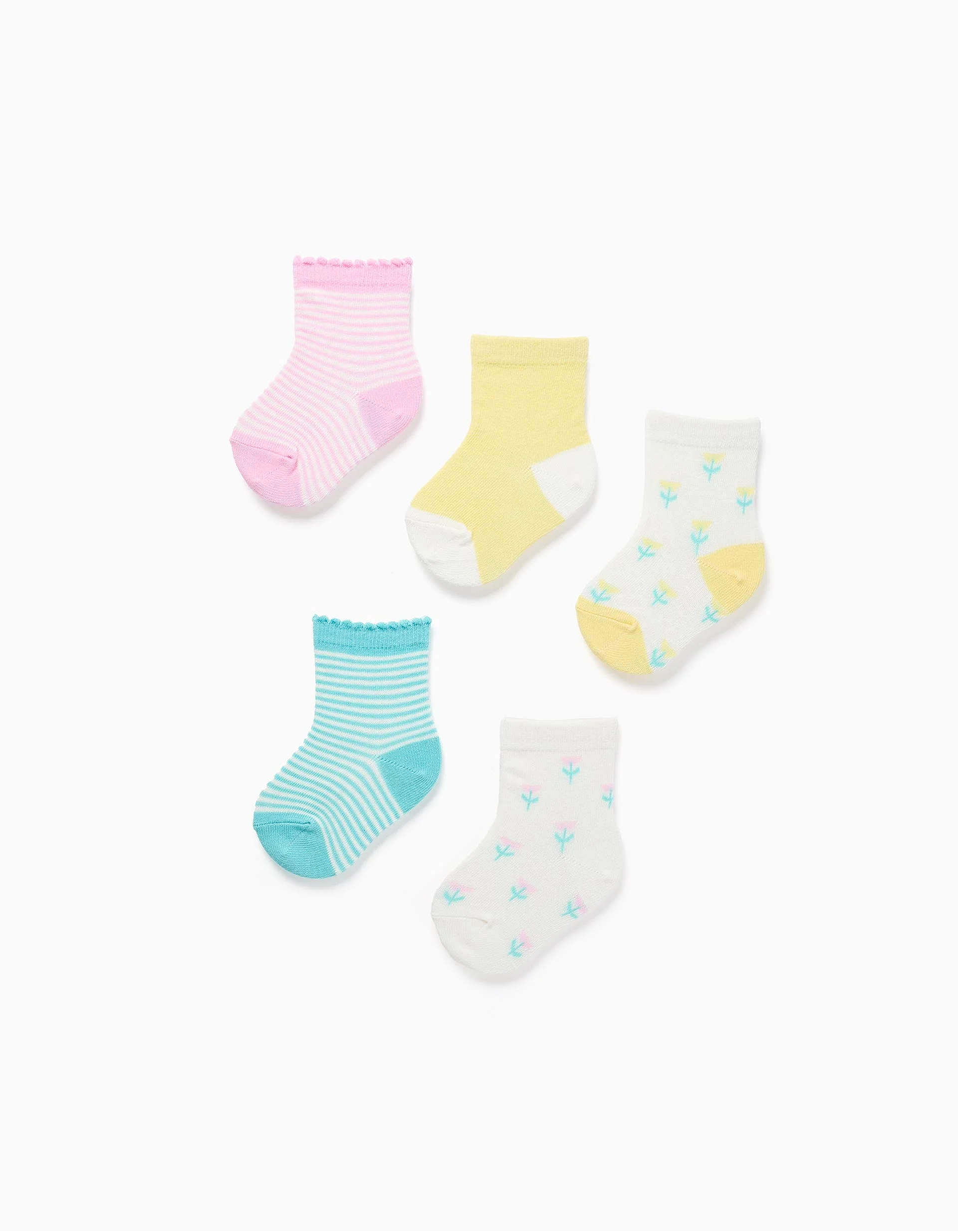 Pack of 5 plain/striped/embroidered socks for baby girls, multicolour
