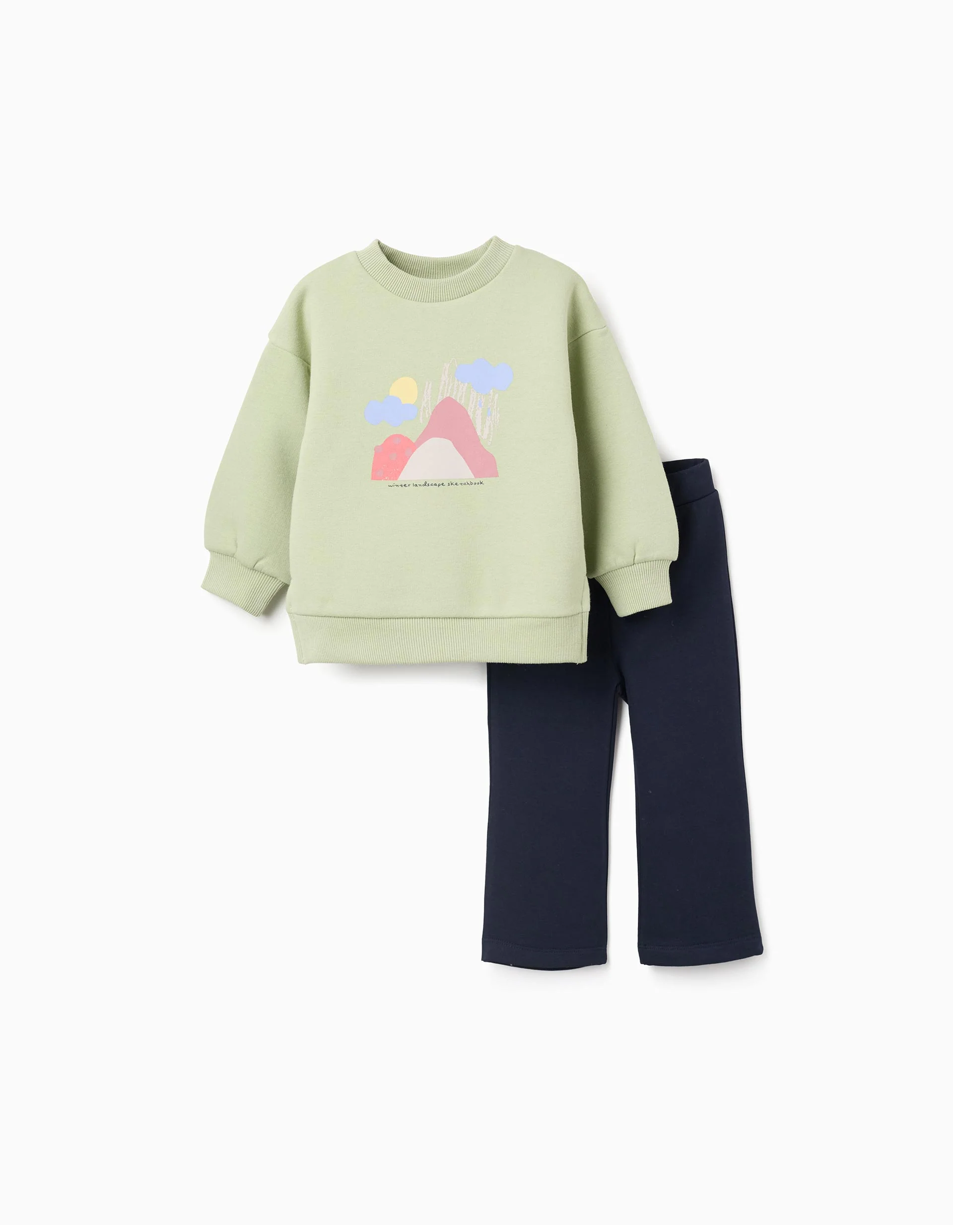 Brushed sweatshirt + leggings set for baby girls, light green/blue