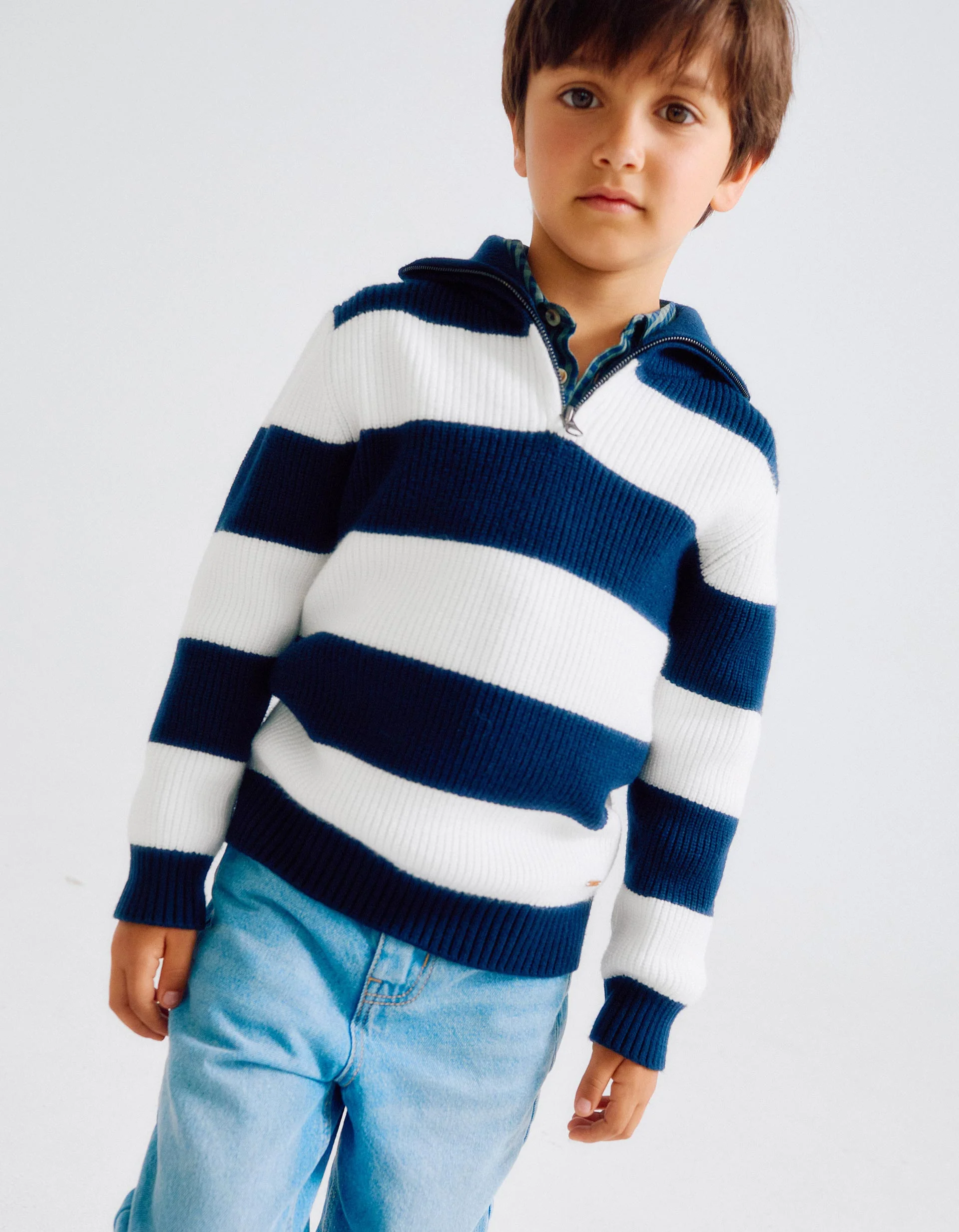 Ribbed Striped Jumper for Boys, White/Blue