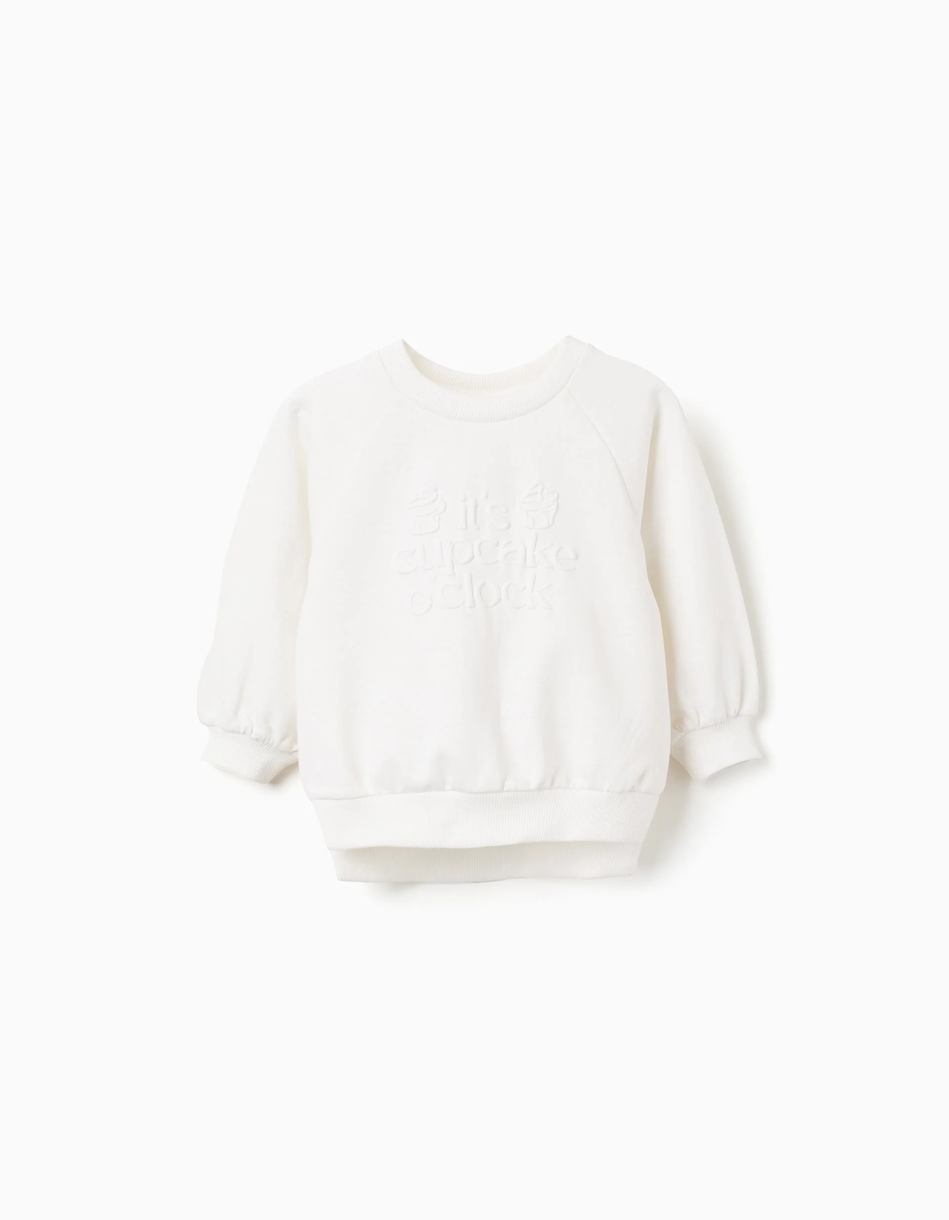 Cotton Sweatshirt Embossed Cupcake Print for Baby Girls, White