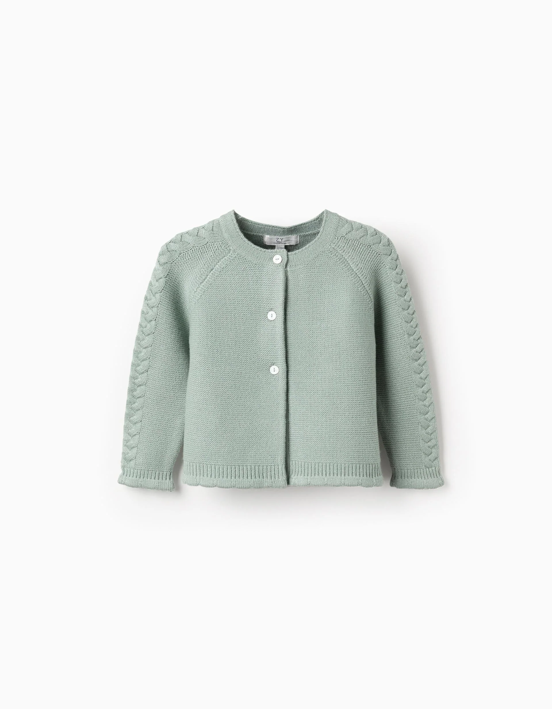 Knitted cardigan with cable details for baby girls, light green